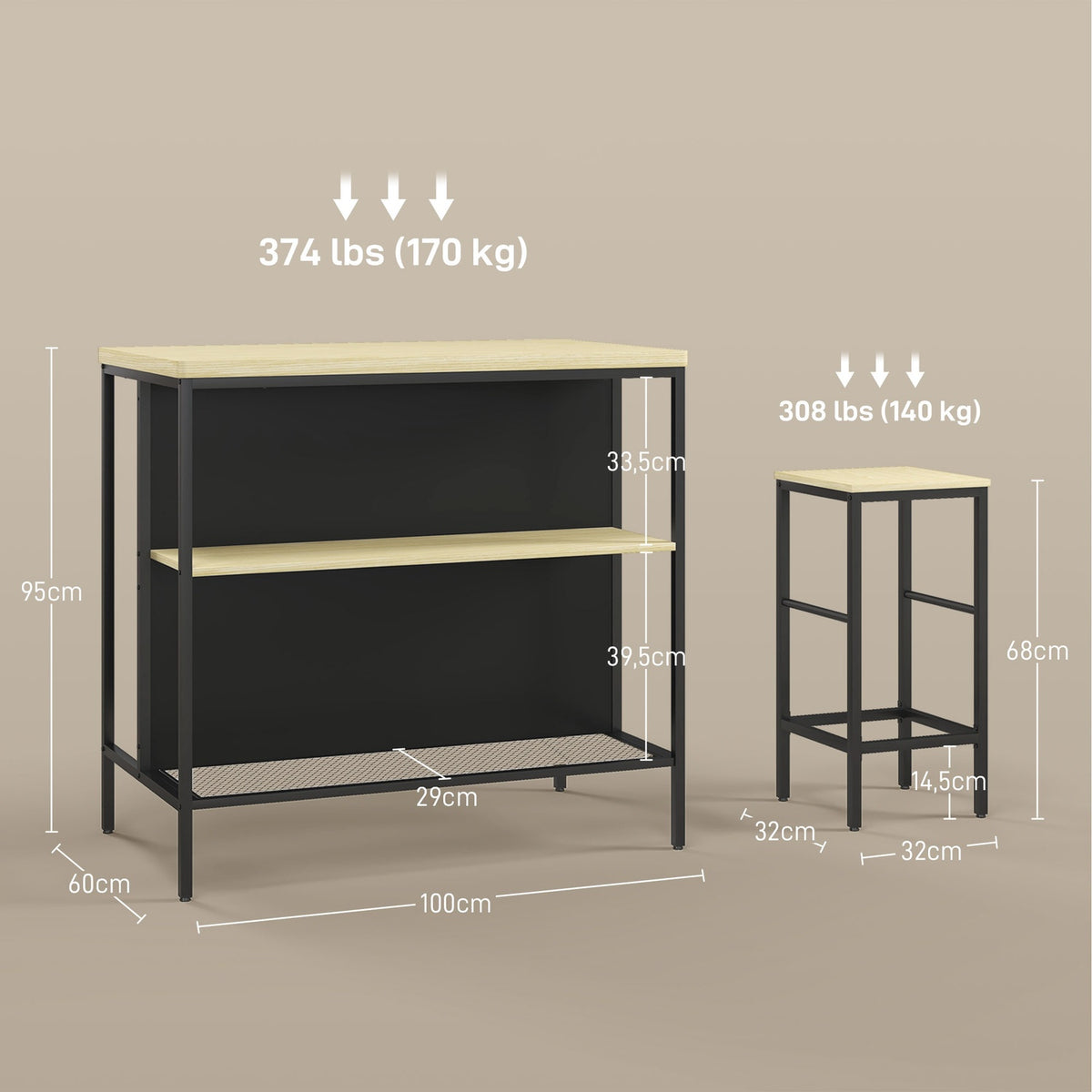 Bar Table Set 3 Pieces. Kitchen Table 2 Bar Stools 2 Shelves Dining Set Modern Steel Oak