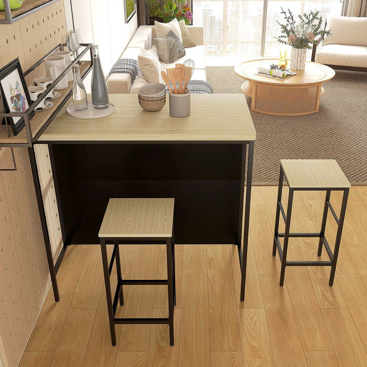 Bar Table Set 3 Pieces. Kitchen Table 2 Bar Stools 2 Shelves Dining Set Modern Steel Oak