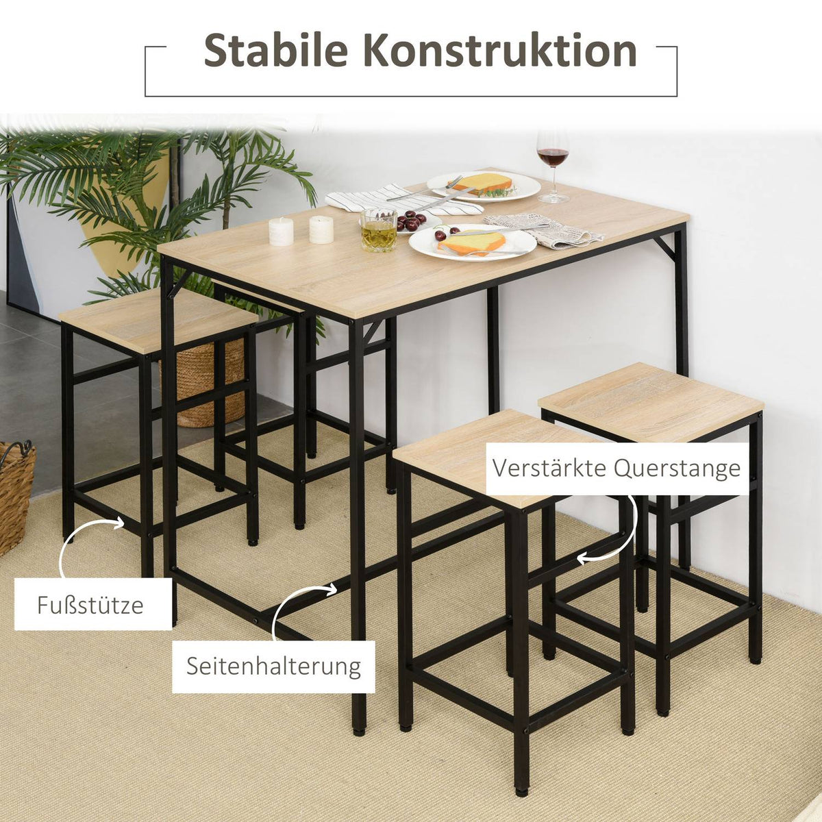 Bar Table Set 5-Piece Bar Table 4 Bar Stools Table Set Kitchen Counter Dining Room Steel Oak + Black 100X60X88Cm