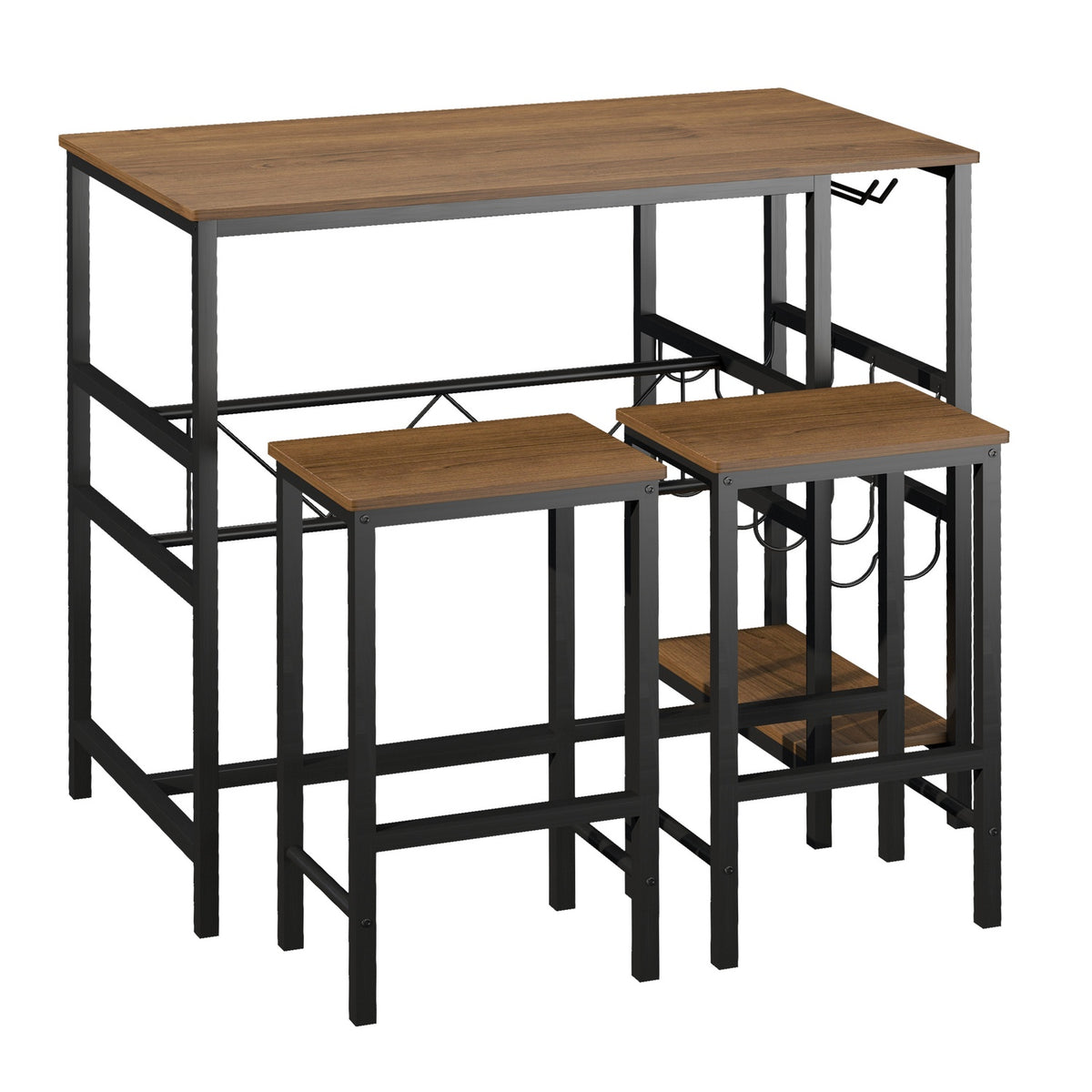 Bar Table Set, Bar Table With 2 Bar Stools, 3-Piece Kitchen Counter Table Set With Bottle Holder, Chipboard, Steel, Natural + Black