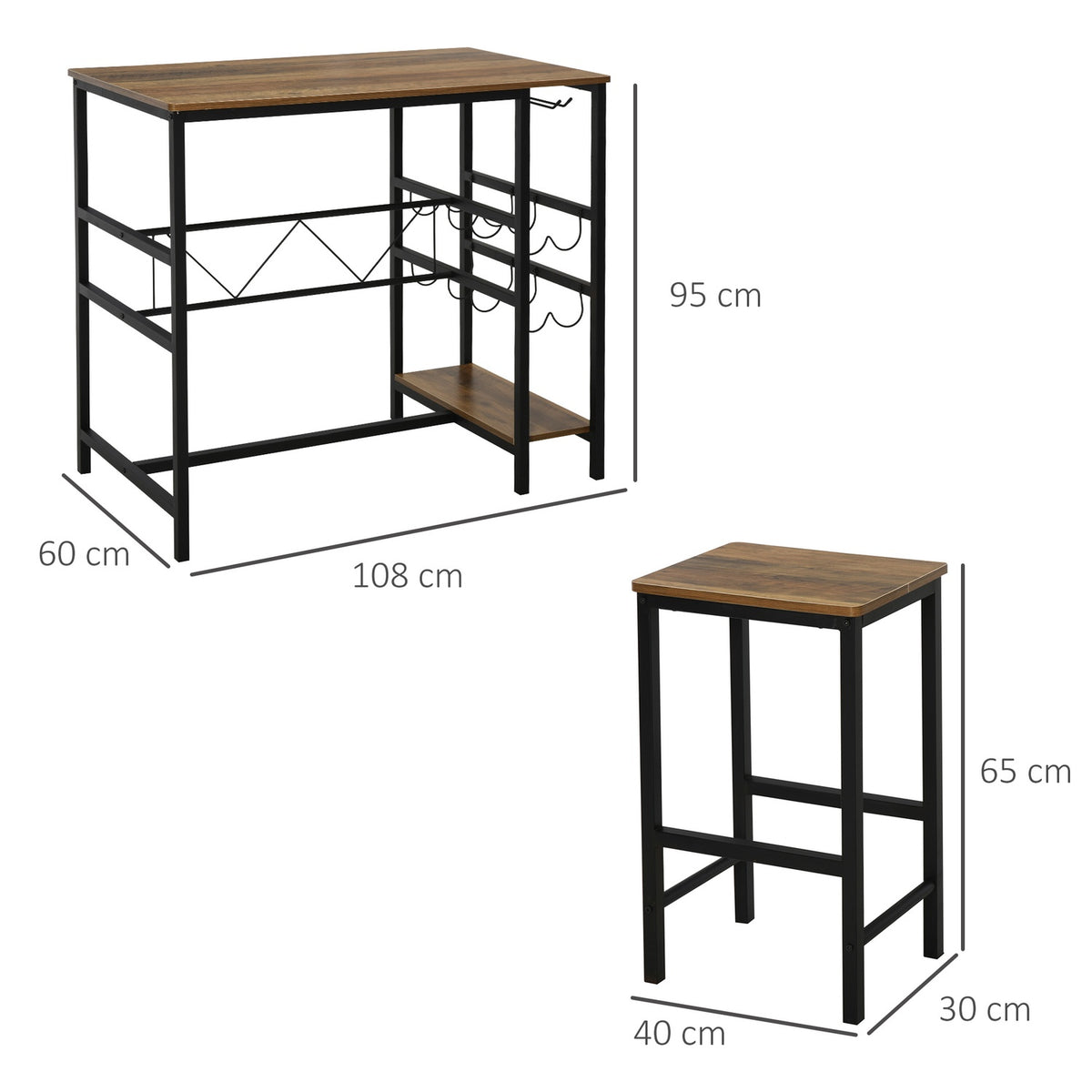 Bar Table Set, Bar Table With 2 Bar Stools, 3-Piece Kitchen Counter Table Set With Bottle Holder, Chipboard, Steel, Natural + Black