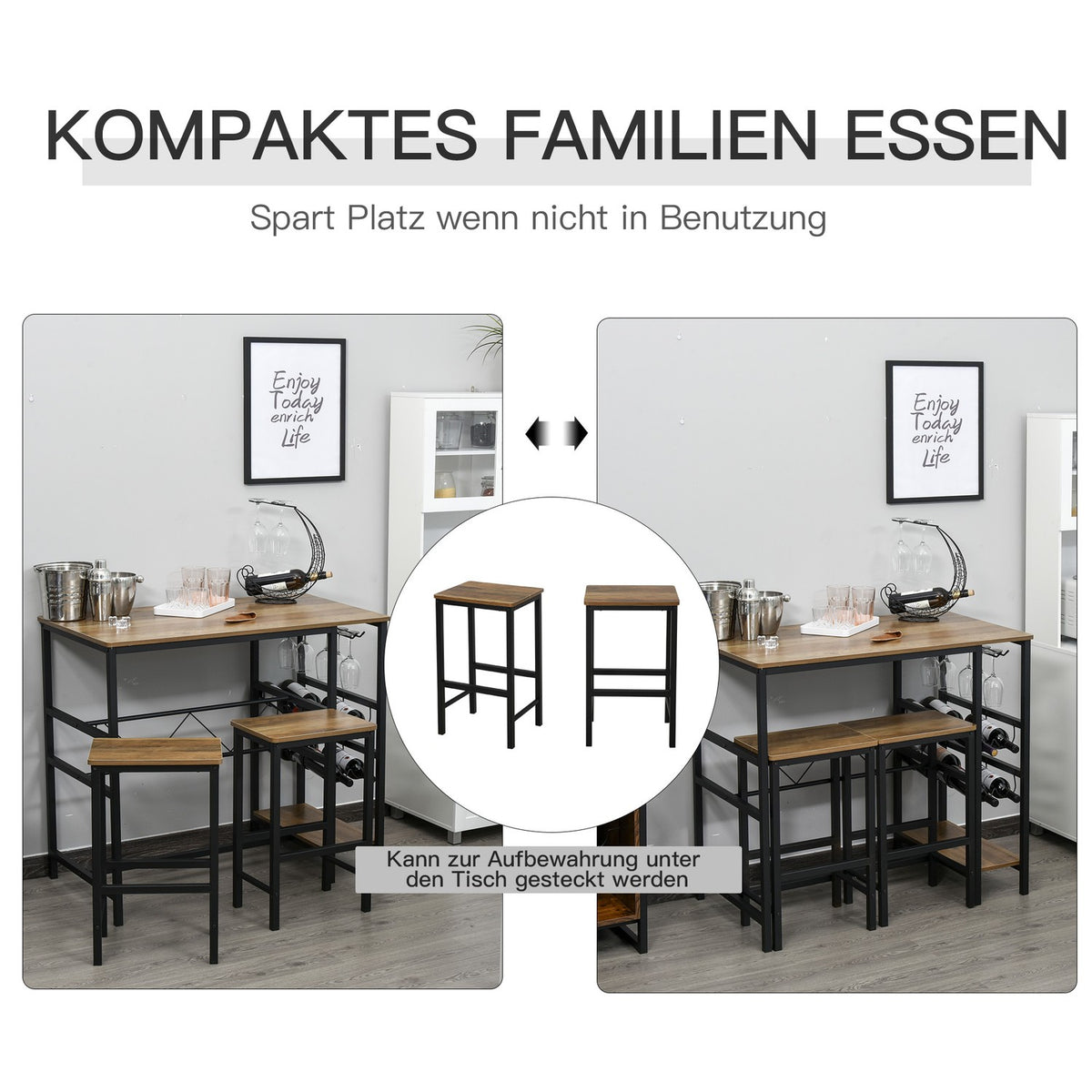 Bar Table Set, Bar Table With 2 Bar Stools, 3-Piece Kitchen Counter Table Set With Bottle Holder, Chipboard, Steel, Natural + Black