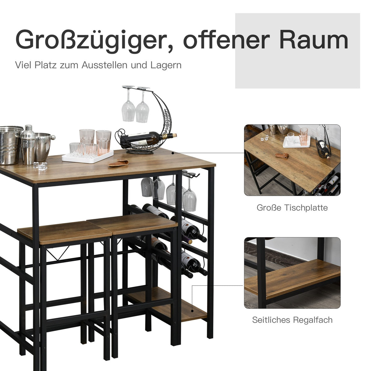 Bar Table Set, Bar Table With 2 Bar Stools, 3-Piece Kitchen Counter Table Set With Bottle Holder, Chipboard, Steel, Natural + Black