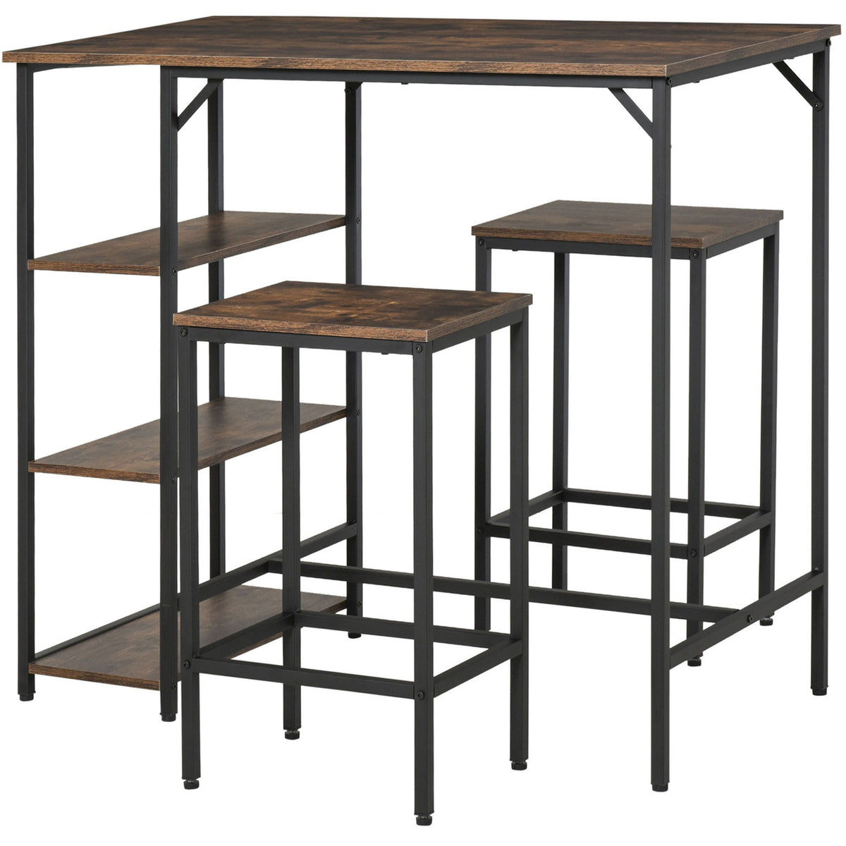 Bar Table Set, Bar Table With 2 Bar Stools, 3-Piece Table Set With Shelves, Chipboard/Steel, Rustic Brown/Black, 109X60X100Cm