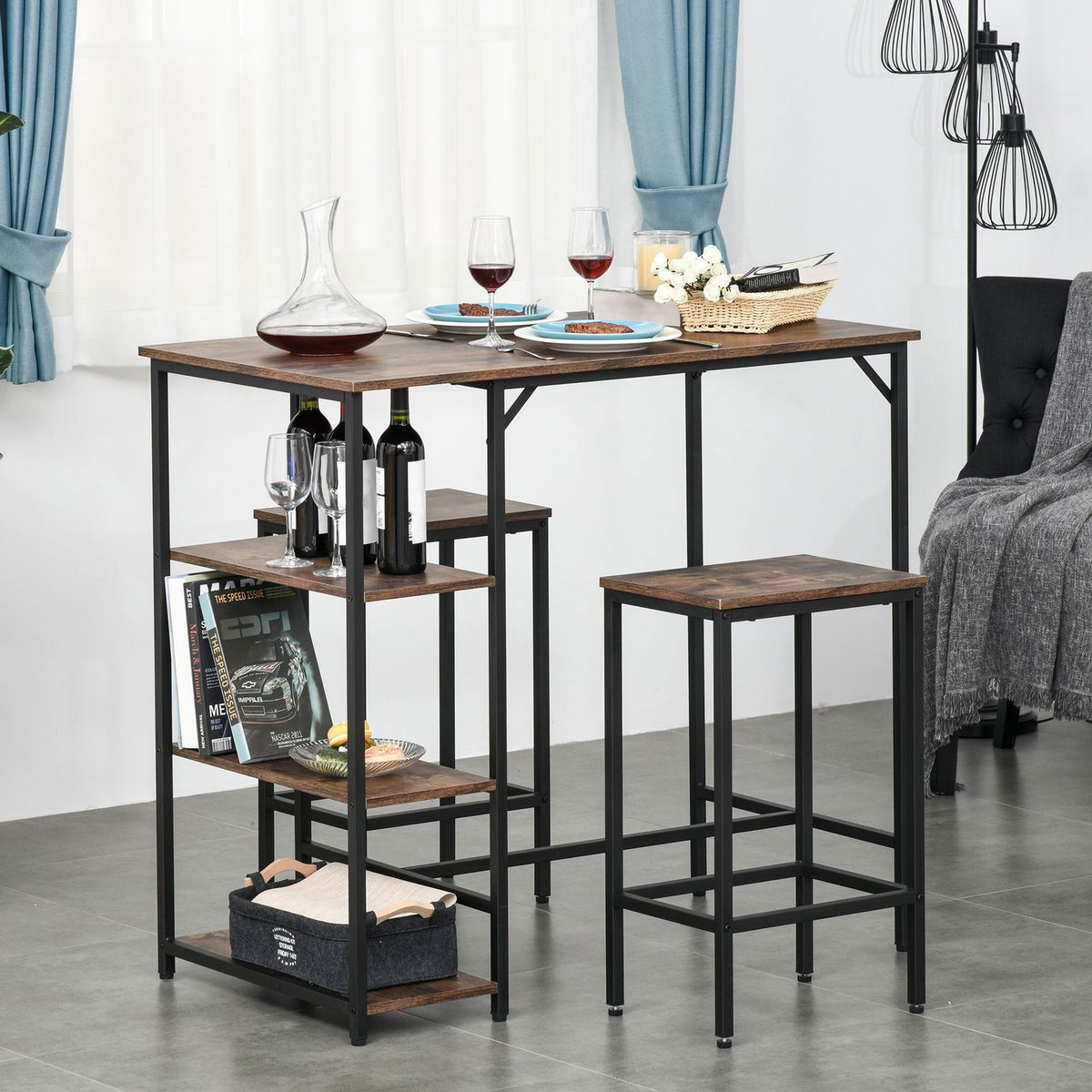 Bar Table Set, Bar Table With 2 Bar Stools, 3-Piece Table Set With Shelves, Chipboard/Steel, Rustic Brown/Black, 109X60X100Cm