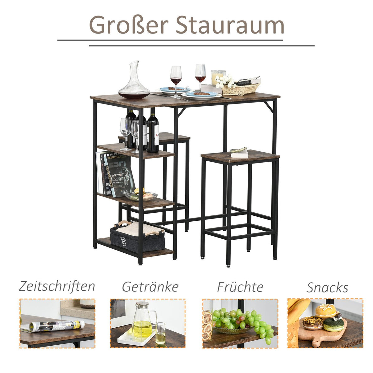 Bar Table Set, Bar Table With 2 Bar Stools, 3-Piece Table Set With Shelves, Chipboard/Steel, Rustic Brown/Black, 109X60X100Cm
