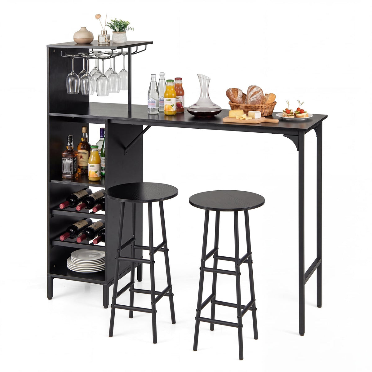 Bar Table Set with 2 Stools, Black, Wine Storage