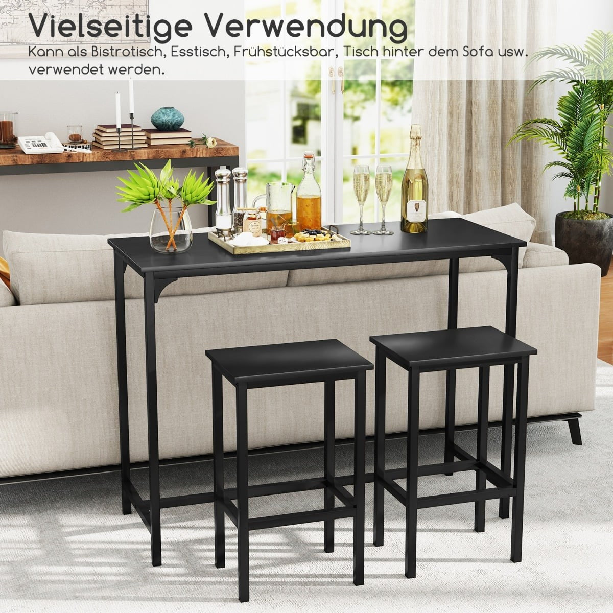 Bar Table Set with 2 Stools, Industrial Style, Black