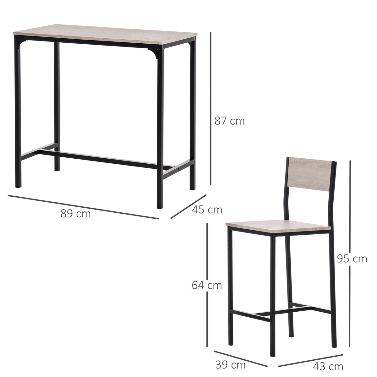 Bar Table With 2 Chairs 3-Piece Table Set, Bar Chair, Mdf, Natural, Black, 89X45X87Cm