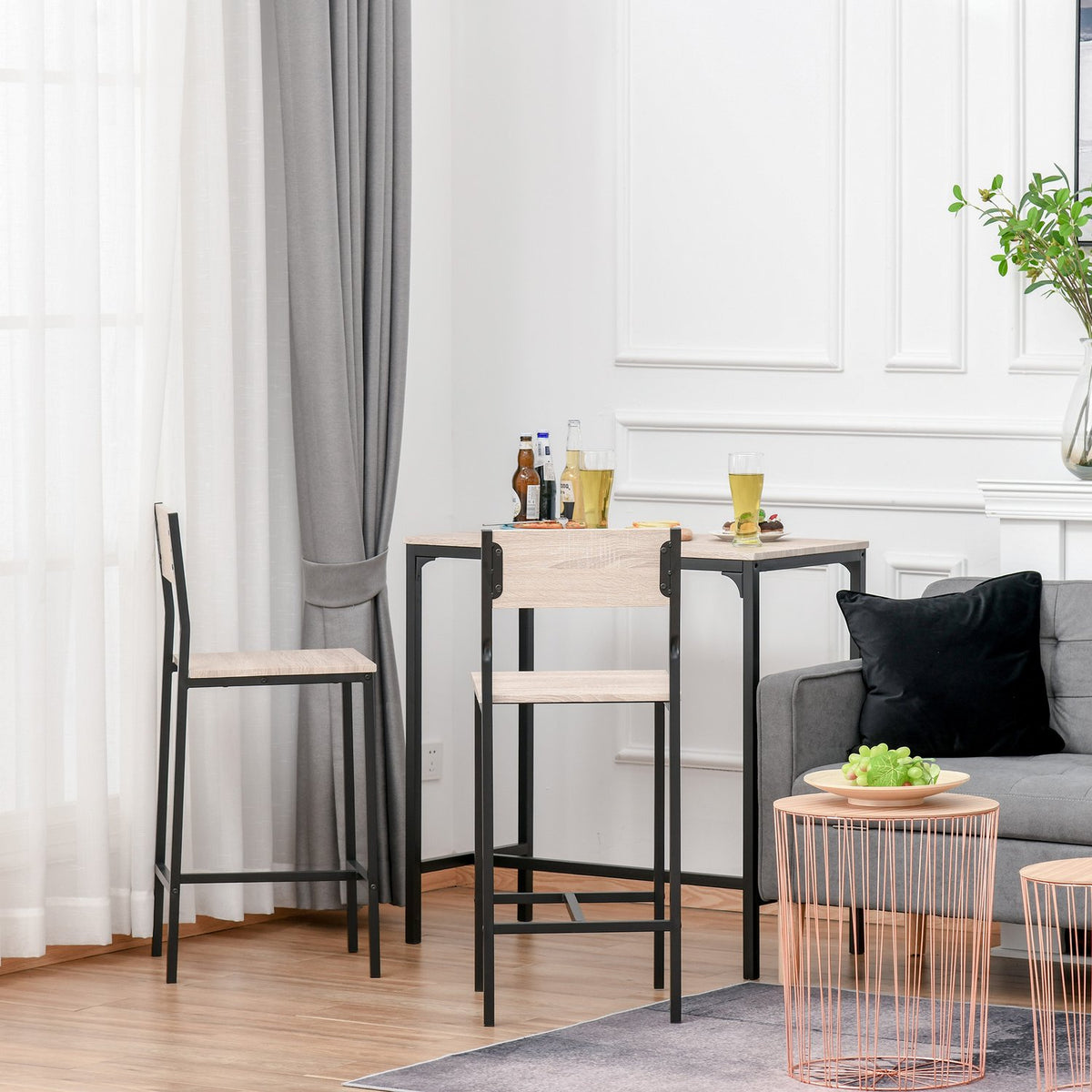 Bar Table With 2 Chairs 3-Piece Table Set, Bar Chair, Mdf, Natural, Black, 89X45X87Cm