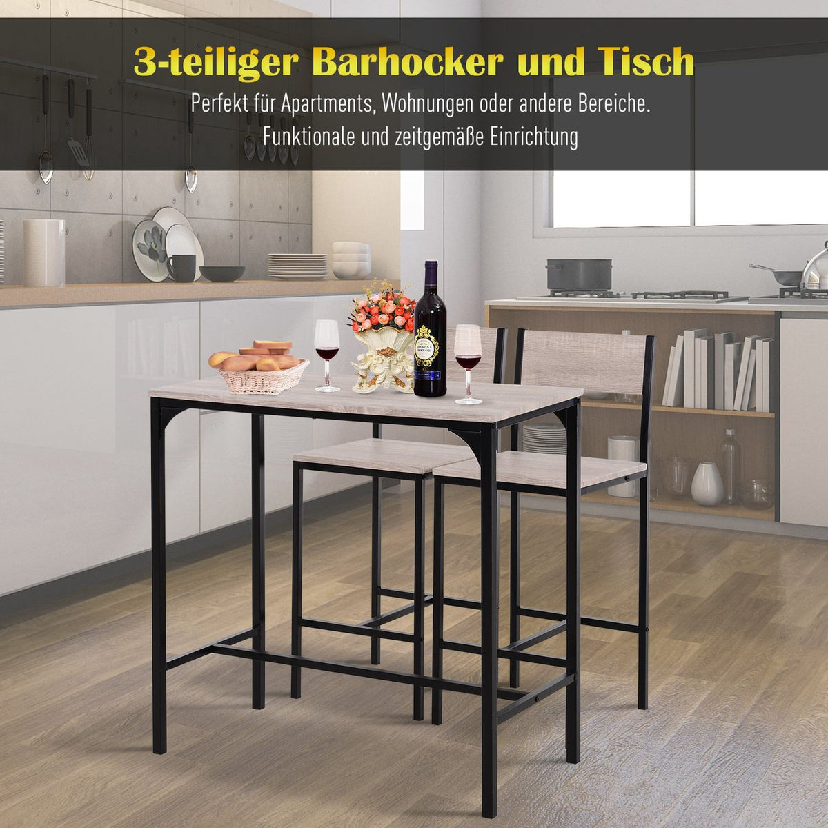 Bar Table With 2 Chairs 3-Piece Table Set, Bar Chair, Mdf, Natural, Black, 89X45X87Cm