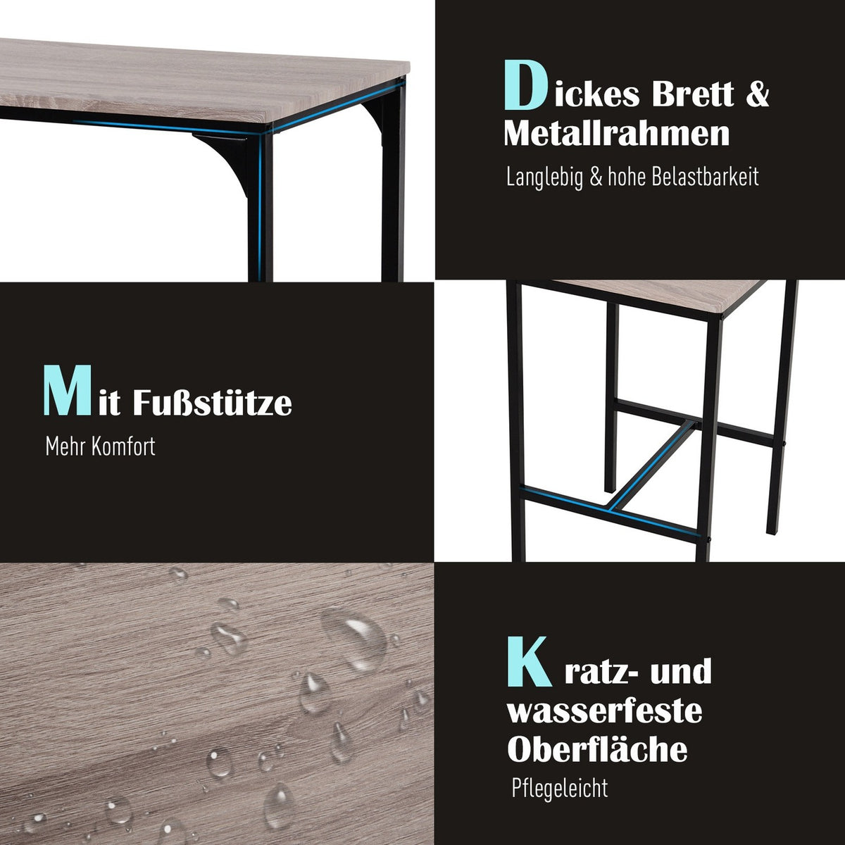 Bar Table With 2 Chairs 3-Piece Table Set, Bar Chair, Mdf, Natural, Black, 89X45X87Cm