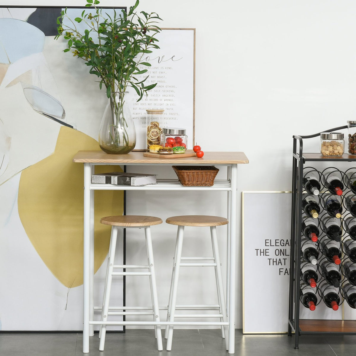 Bar Table With Chair Set Kitchen Table And Chairs With Non-Slip Doormat, Bar Table & Bar Stool With Storage Shelf, Mdf/Steel