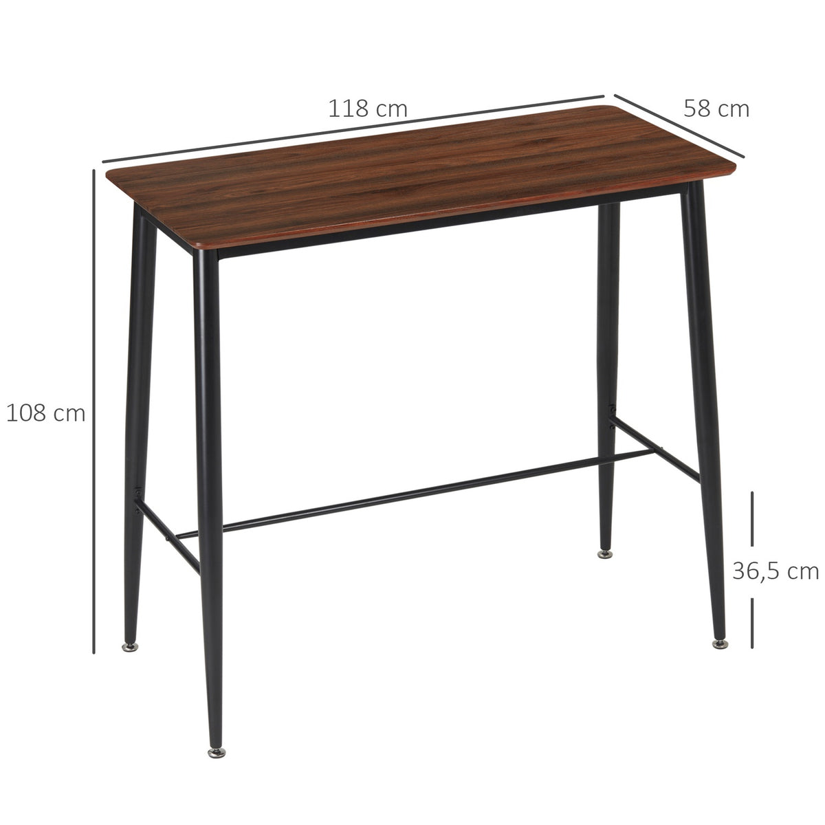 Bar Table With Robust Metal Frame, Bar Counter In Industrial Design, For Kitchen/Dining Room, Walnut, 118X58X108Cm