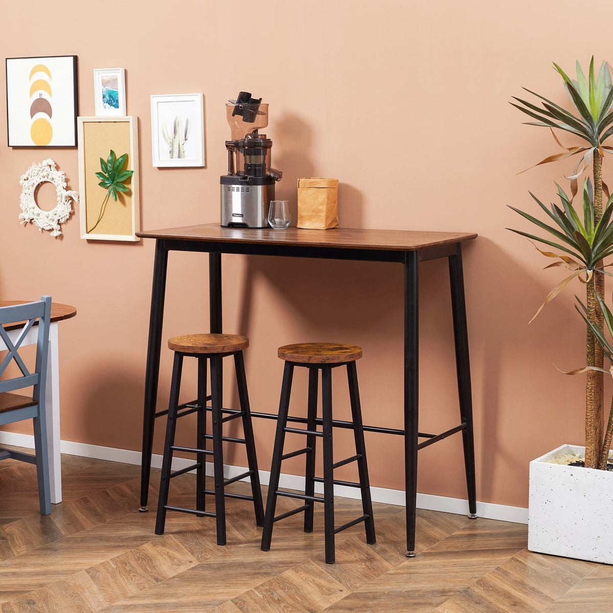 Bar Table With Robust Metal Frame, Bar Counter In Industrial Design, For Kitchen/Dining Room, Walnut, 118X58X108Cm