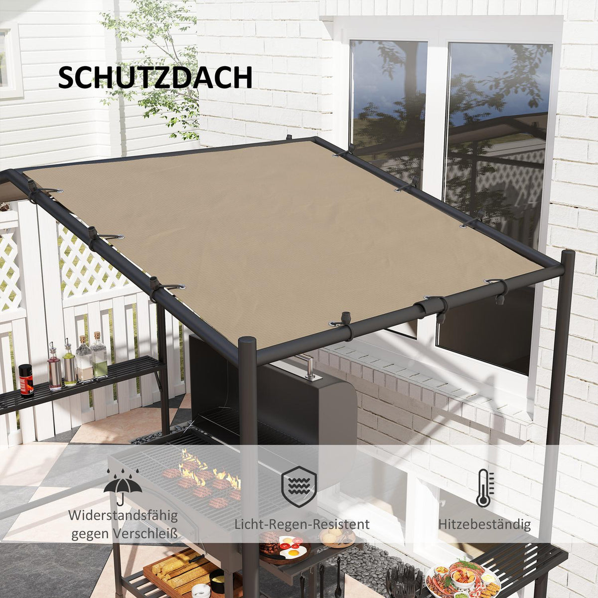 Barbecue Gazebo 277 x 149 x 230 cm Waterproof Flame Retardant Garden Gazebo with Side Shelves, Garden Gazebo with UV Protection, BBQ Pavilion Made of Steel, Garden Tent Grill Tent for Party BBQ, Khaki