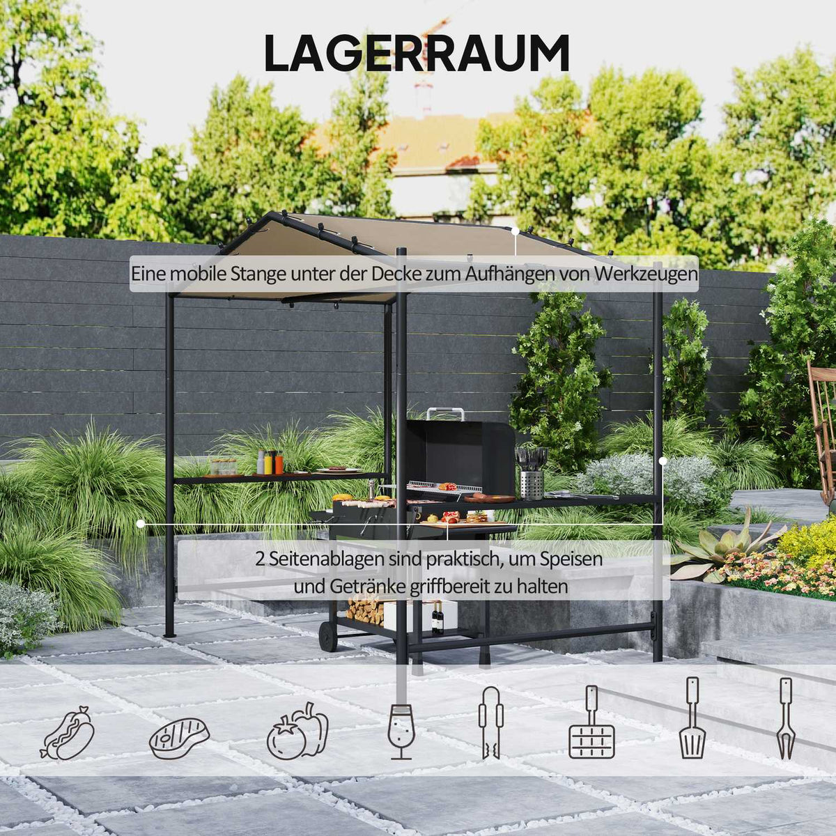 Barbecue Gazebo 277 x 149 x 230 cm Waterproof Flame Retardant Garden Gazebo with Side Shelves, Garden Gazebo with UV Protection, BBQ Pavilion Made of Steel, Garden Tent Grill Tent for Party BBQ, Khaki