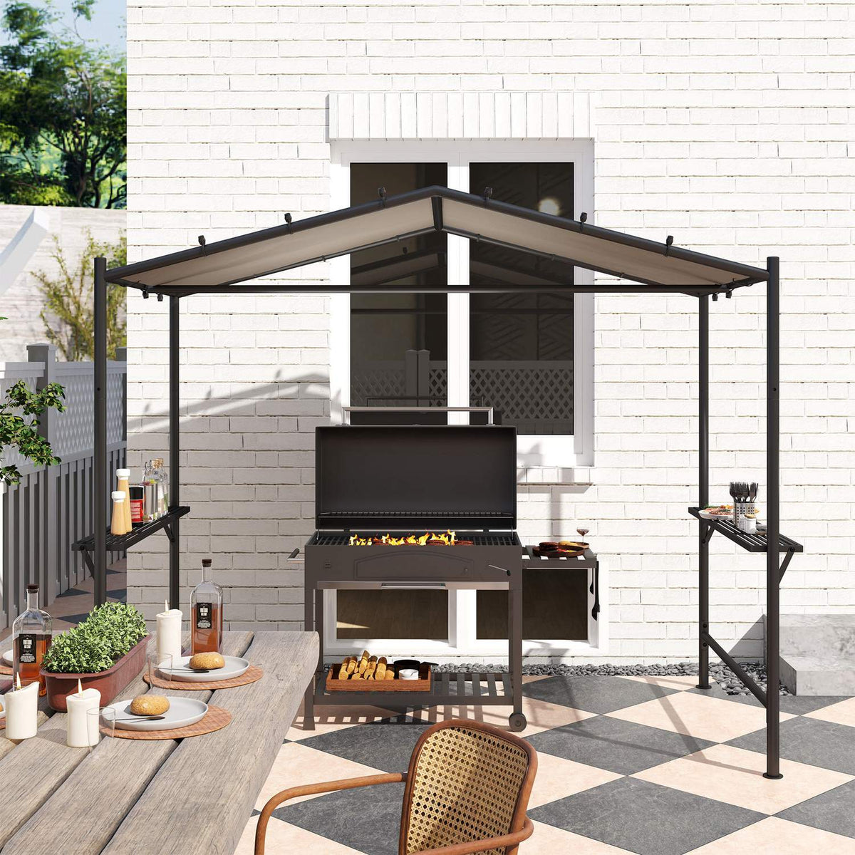 Barbecue Gazebo 277 x 149 x 230 cm Waterproof Flame Retardant Garden Gazebo with Side Shelves, Garden Gazebo with UV Protection, BBQ Pavilion Made of Steel, Garden Tent Grill Tent for Party BBQ, Khaki