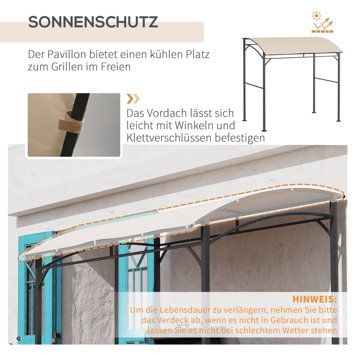 Barbecue Gazebo, Barbecue Canopy, Rain Cover With Uv Resistant, Garden Gazebo With Hooks, Steel Frame, Polyester, Beige, 215 X 150 X 220 Cm