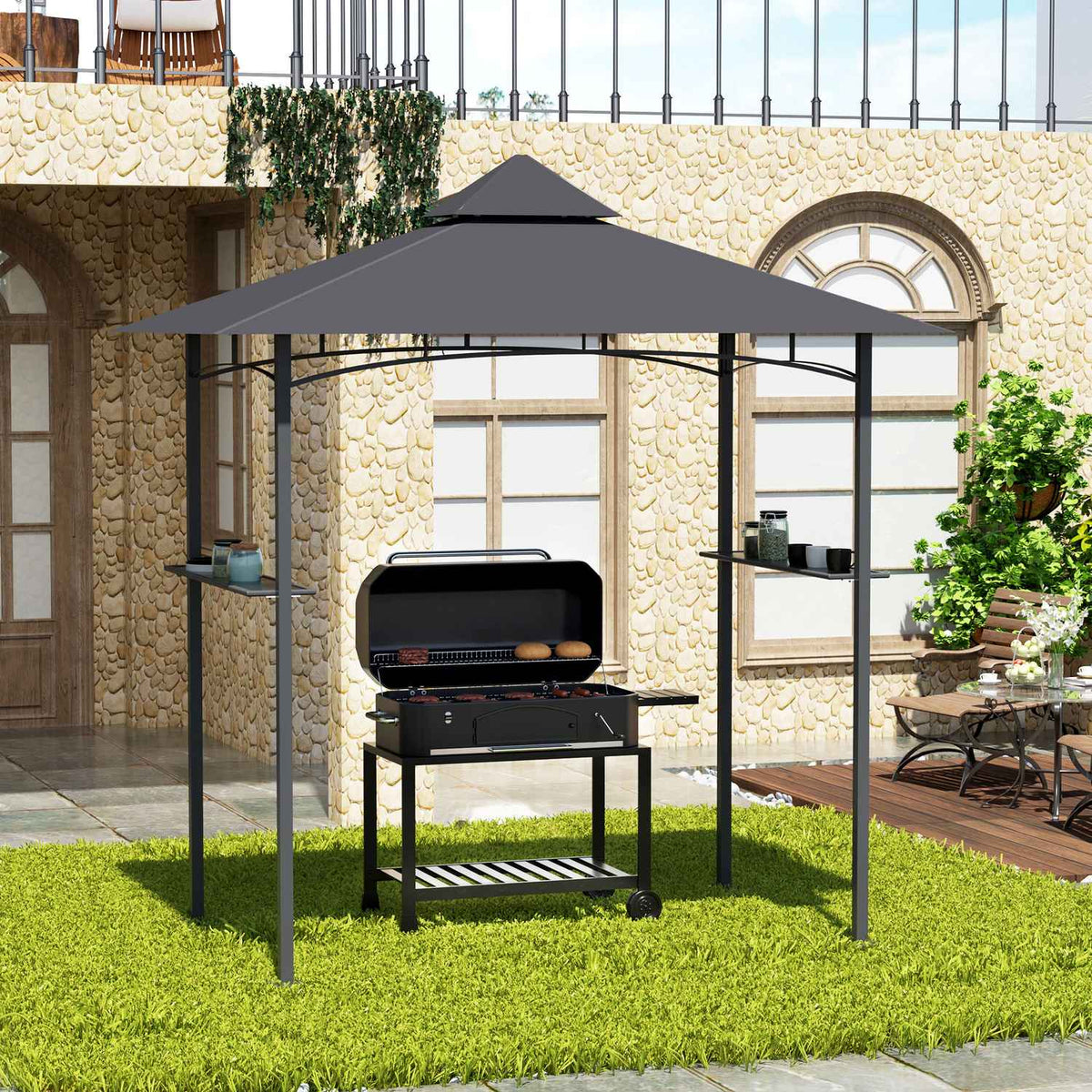 Barbecue Gazebo Robust Garden Tent With Flame-Retardant Double Roof, Ideal For Balcony, Grey, 245X148X252Cm