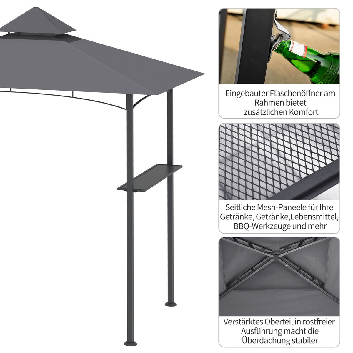 Barbecue Gazebo Robust Garden Tent With Flame-Retardant Double Roof, Ideal For Balcony, Grey, 245X148X252Cm