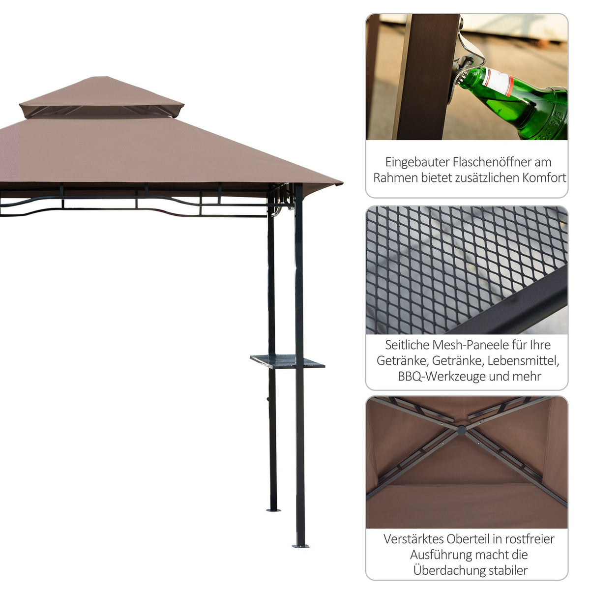 Barbecue Pavilion Garden Tent Flame-Retardant Double Roof Coffee Brown + Black 245X148X252Cm