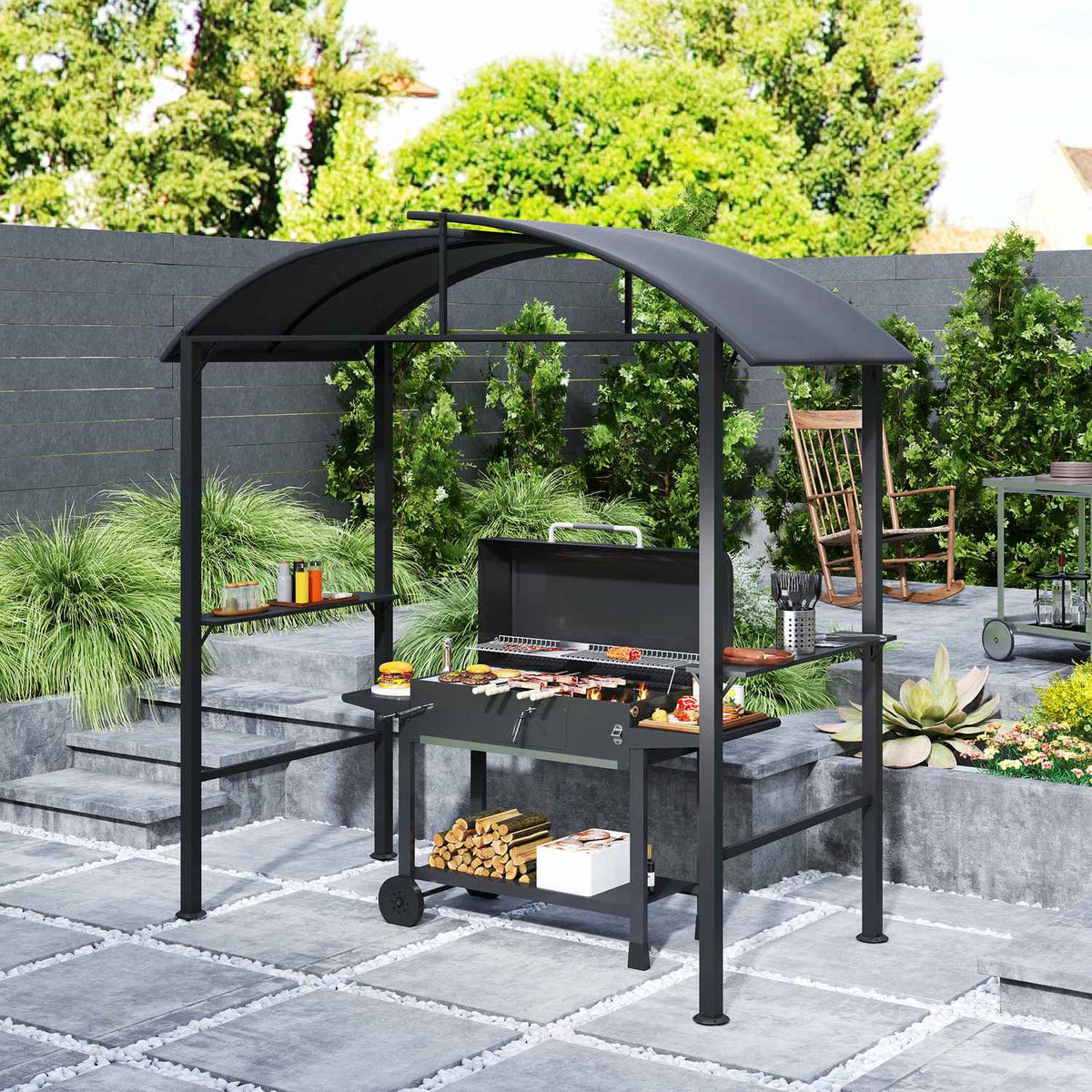 Barbecue pavilion 233 x 110 x 235 cm windproof garden pavilion with double roof, shelves, gazebo with UV protection, BBQ pavilion made of steel, garden tent grill tent for party BBQ, dark gray
