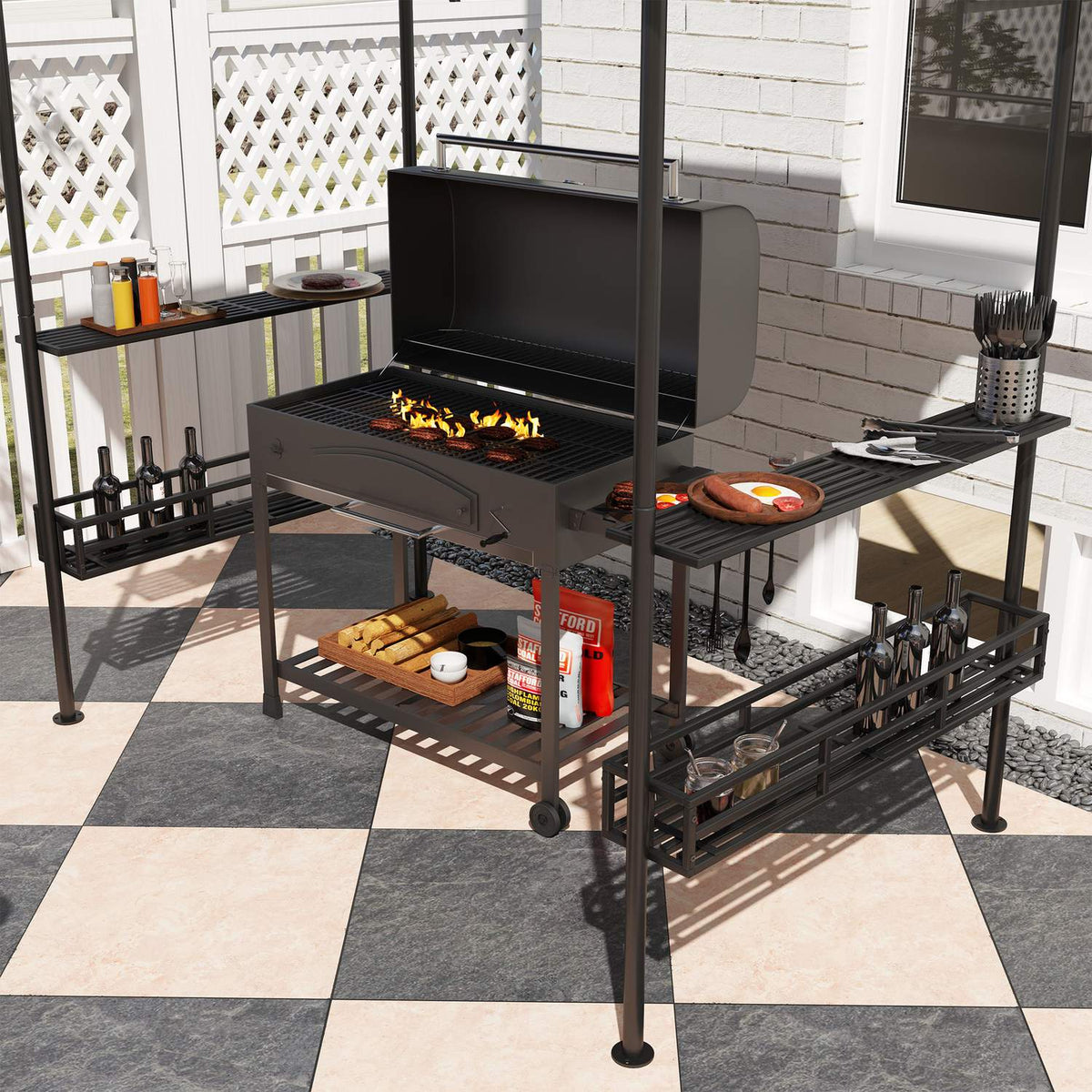 Barbecue pavilion 240 x 150 x 257 cm waterproof flame retardant garden pavilion with double roof, side shelves, gazebo with UV protection, BBQ pavilion made of steel, barbecue tent for party BBQ, beige