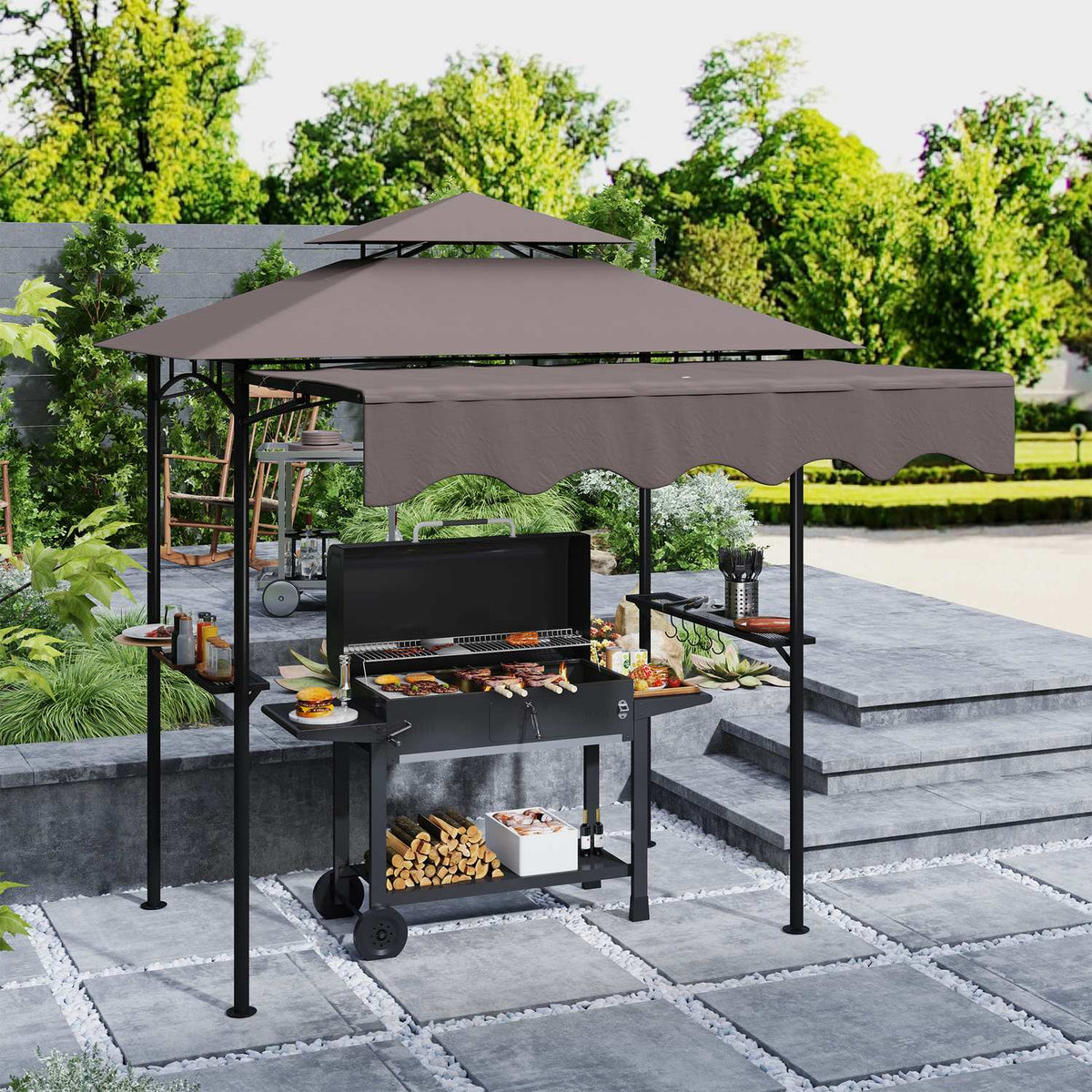 Barbecue pavilion 242x149x248 cm water-repellent flame-retardant garden pavilion with double-layer roof side shelves, UV 30+ garden gazebos, BBQ pavilion, garden tent for garden picnic BBQ coffee