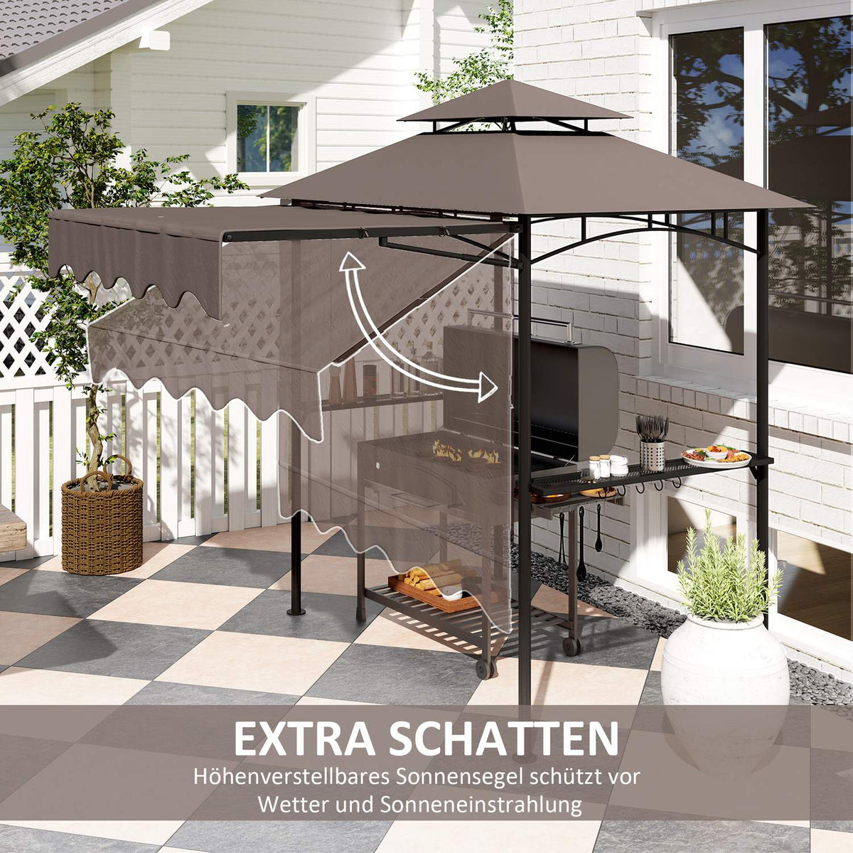 Barbecue pavilion 242x149x248 cm water-repellent flame-retardant garden pavilion with double-layer roof side shelves, UV 30+ garden gazebos, BBQ pavilion, garden tent for garden picnic BBQ coffee
