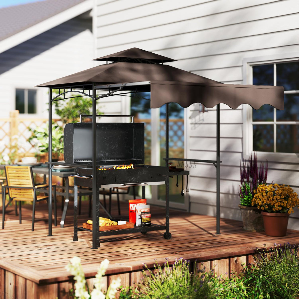Barbecue pavilion 242x149x248 cm water-repellent flame-retardant garden pavilion with double-layer roof side shelves, UV 30+ garden gazebos, BBQ pavilion, garden tent for garden picnic BBQ coffee