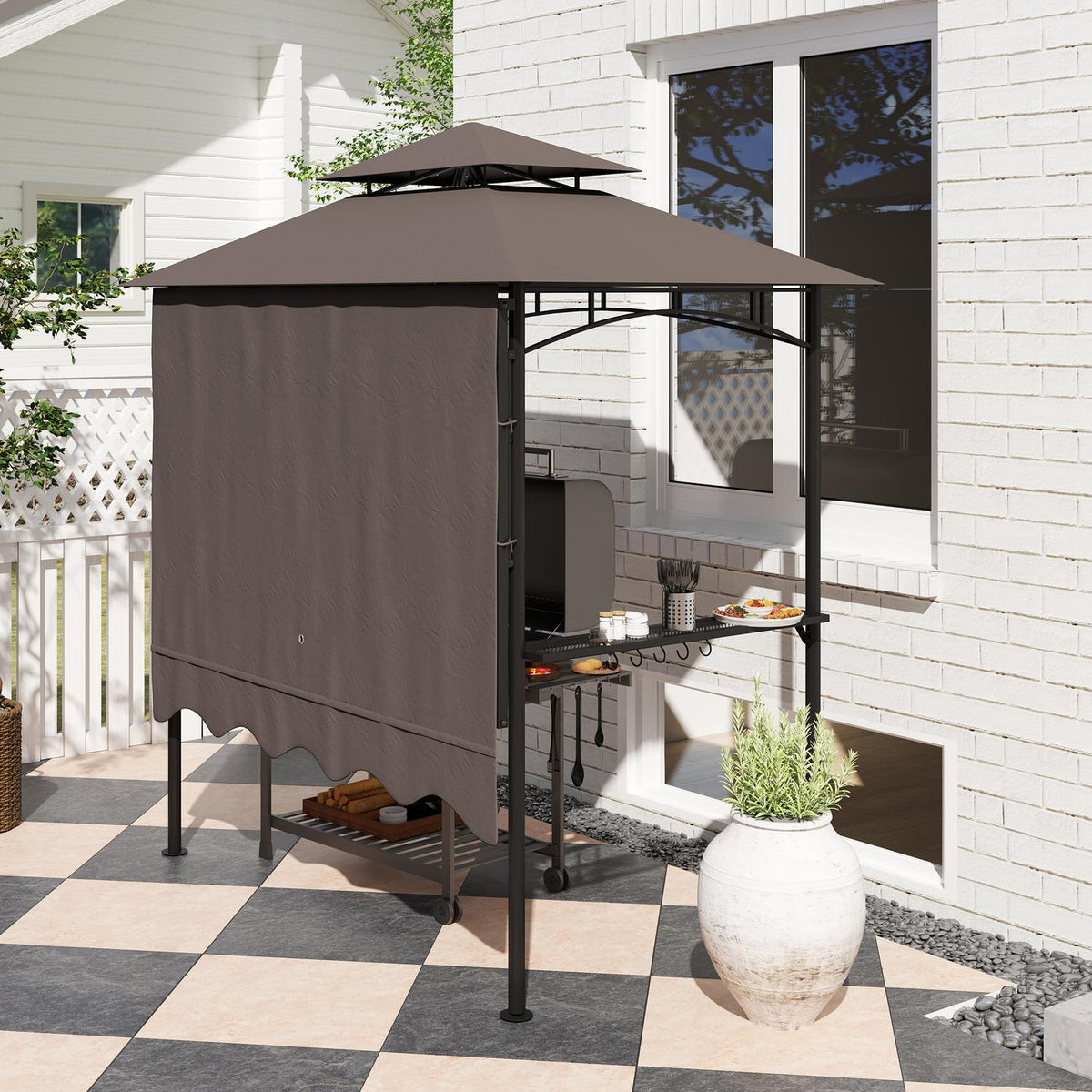 Barbecue pavilion 242x149x248 cm water-repellent flame-retardant garden pavilion with double-layer roof side shelves, UV 30+ garden gazebos, BBQ pavilion, garden tent for garden picnic BBQ coffee