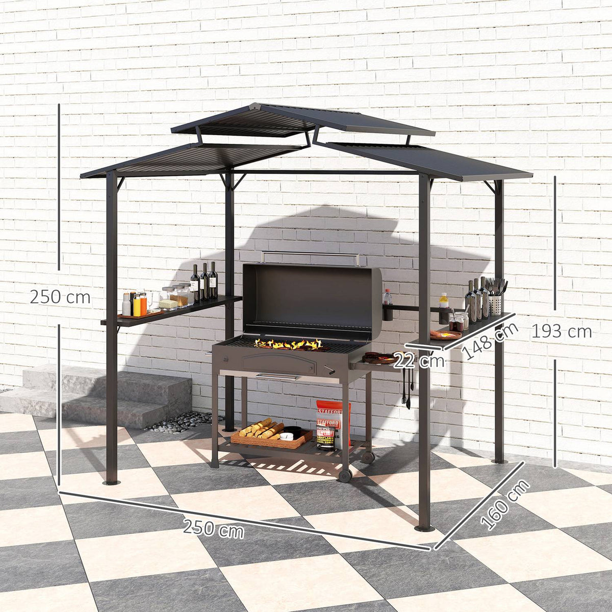 Barbecue pavilion 250 x 160 x 250 cm waterproof garden pavilion with double-layer roof, side shelves, gazebo with UV protection, BBQ pavilion, garden tent grill tent for garden party BBQ, black