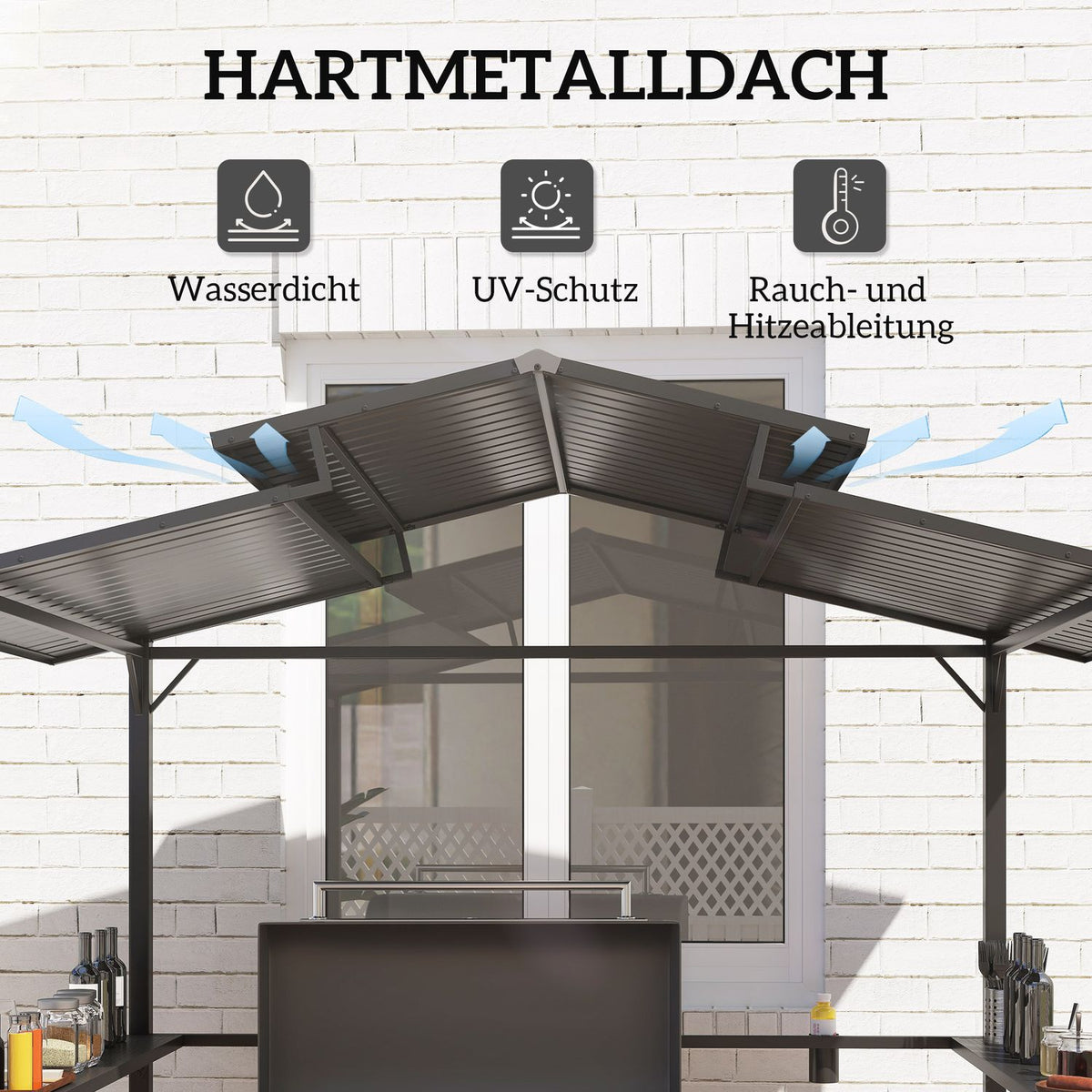 Barbecue pavilion 250 x 160 x 250 cm waterproof garden pavilion with double-layer roof, side shelves, gazebo with UV protection, BBQ pavilion, garden tent grill tent for garden party BBQ, black