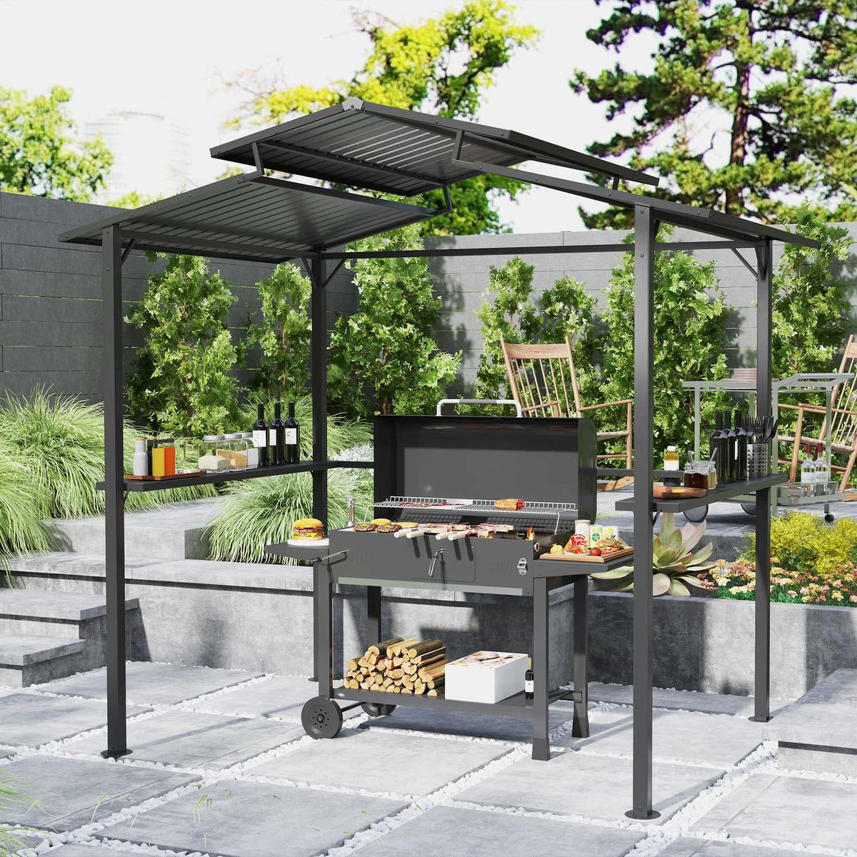 Barbecue pavilion 250 x 160 x 250 cm waterproof garden pavilion with double-layer roof, side shelves, gazebo with UV protection, BBQ pavilion, garden tent grill tent for garden party BBQ, black