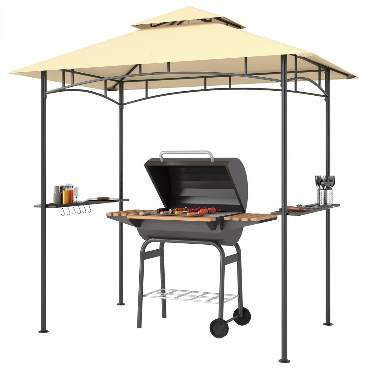 Barbecue pavilion with LED 240 x 150 x 258 cm water-repellent flame-retardant garden pavilion with double-layer roof, side shelves, gazebo with UV protection, BBQ pavilion for party BBQ beige