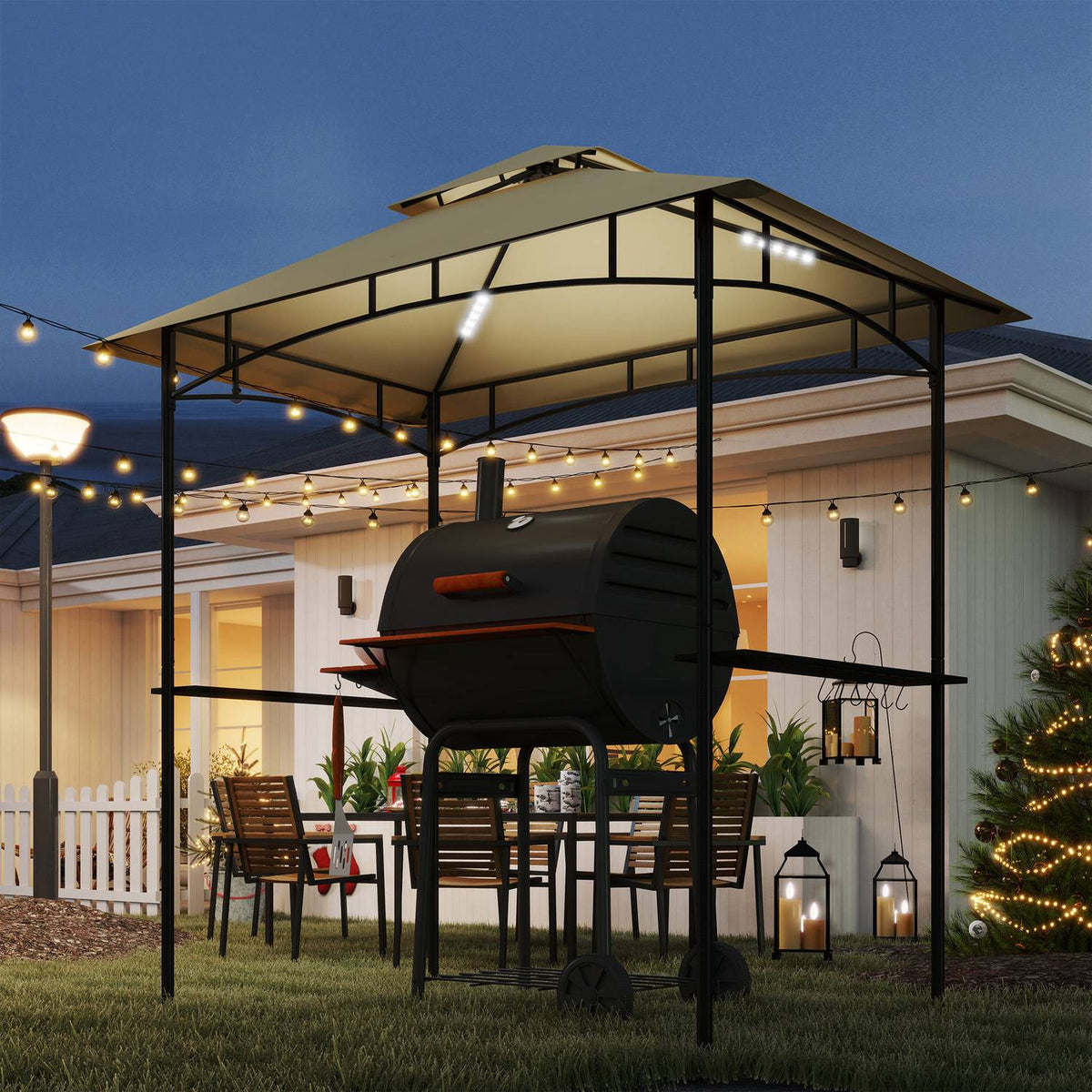 Barbecue pavilion with LED 240 x 150 x 258 cm water-repellent flame-retardant garden pavilion with double-layer roof, side shelves, gazebo with UV protection, BBQ pavilion for party BBQ beige