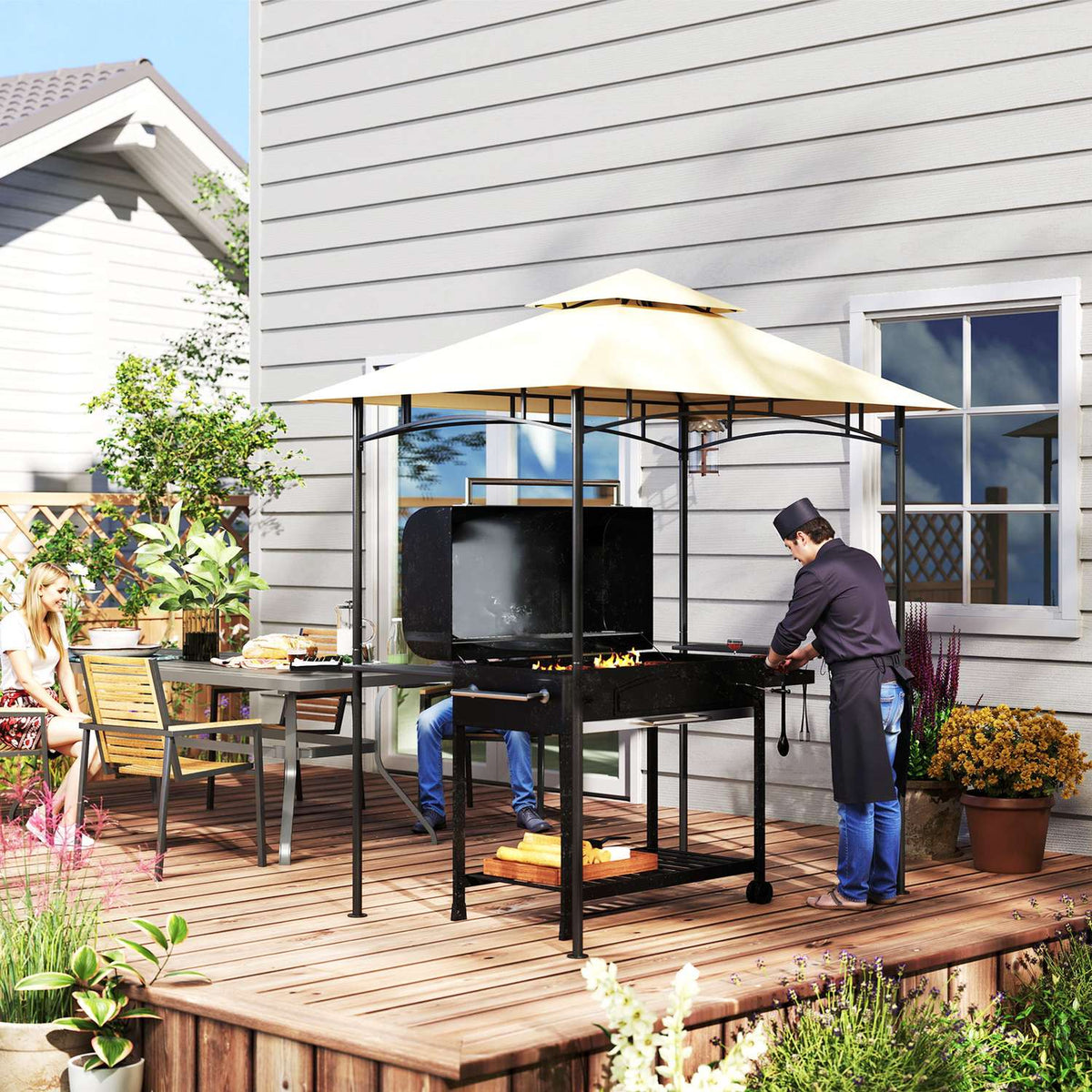 Barbecue pavilion with LED 240 x 150 x 258 cm water-repellent flame-retardant garden pavilion with double-layer roof, side shelves, gazebo with UV protection, BBQ pavilion for party BBQ beige