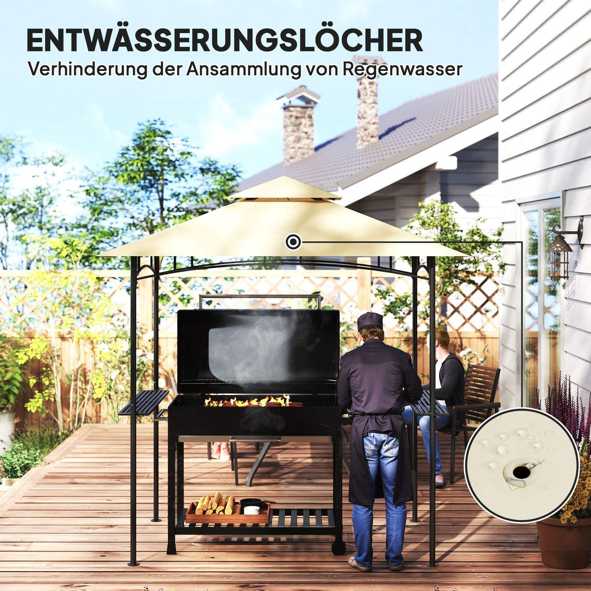 Barbecue pavilion with LED 240 x 150 x 258 cm water-repellent flame-retardant garden pavilion with double-layer roof, side shelves, gazebo with UV protection, BBQ pavilion for party BBQ beige