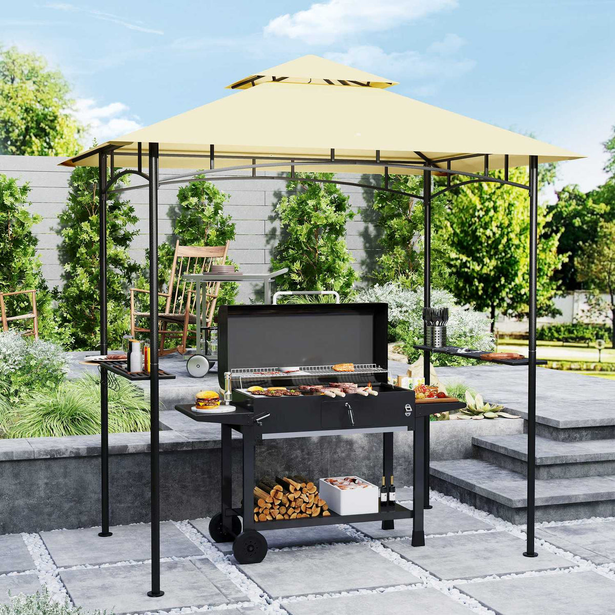 Barbecue pavilion with LED 240 x 150 x 258 cm water-repellent flame-retardant garden pavilion with double-layer roof, side shelves, gazebo with UV protection, BBQ pavilion for party BBQ beige