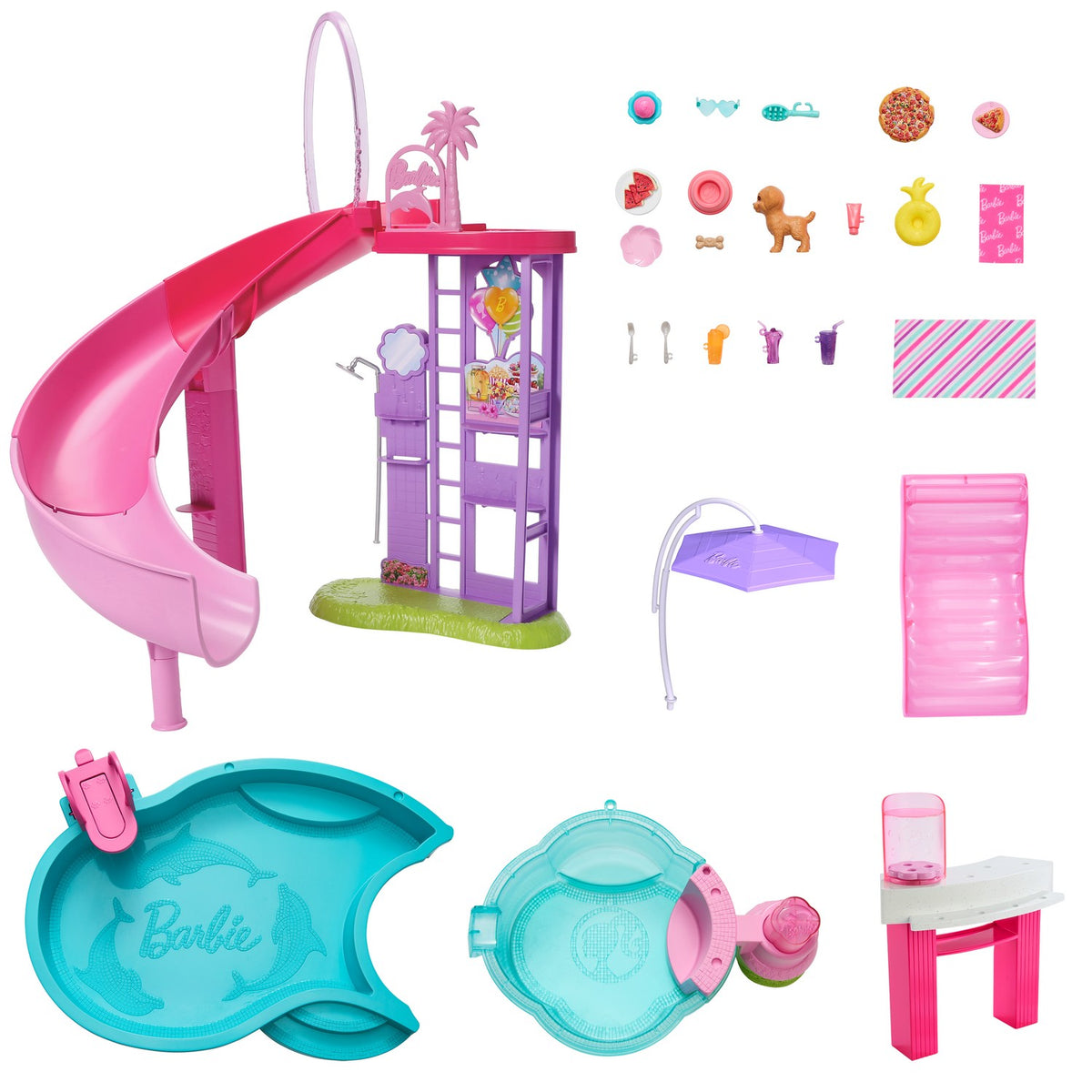 Barbie Pool Playset with Slide and Hot Tub, 17 Accessories