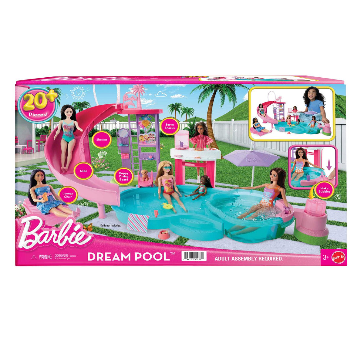 Barbie Pool Playset with Slide and Hot Tub, 17 Accessories
