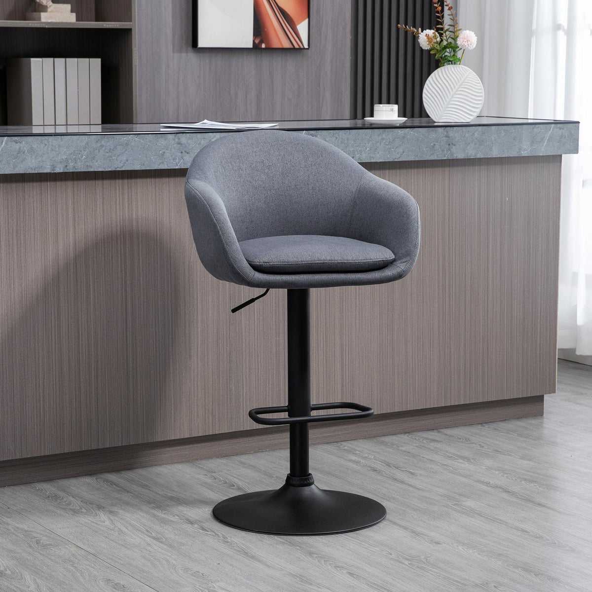 Bar chair height adjustable 110 kg load capacity 54 x 54 x 92-112 cm 360° rotatable with footrest in linen look dark gray