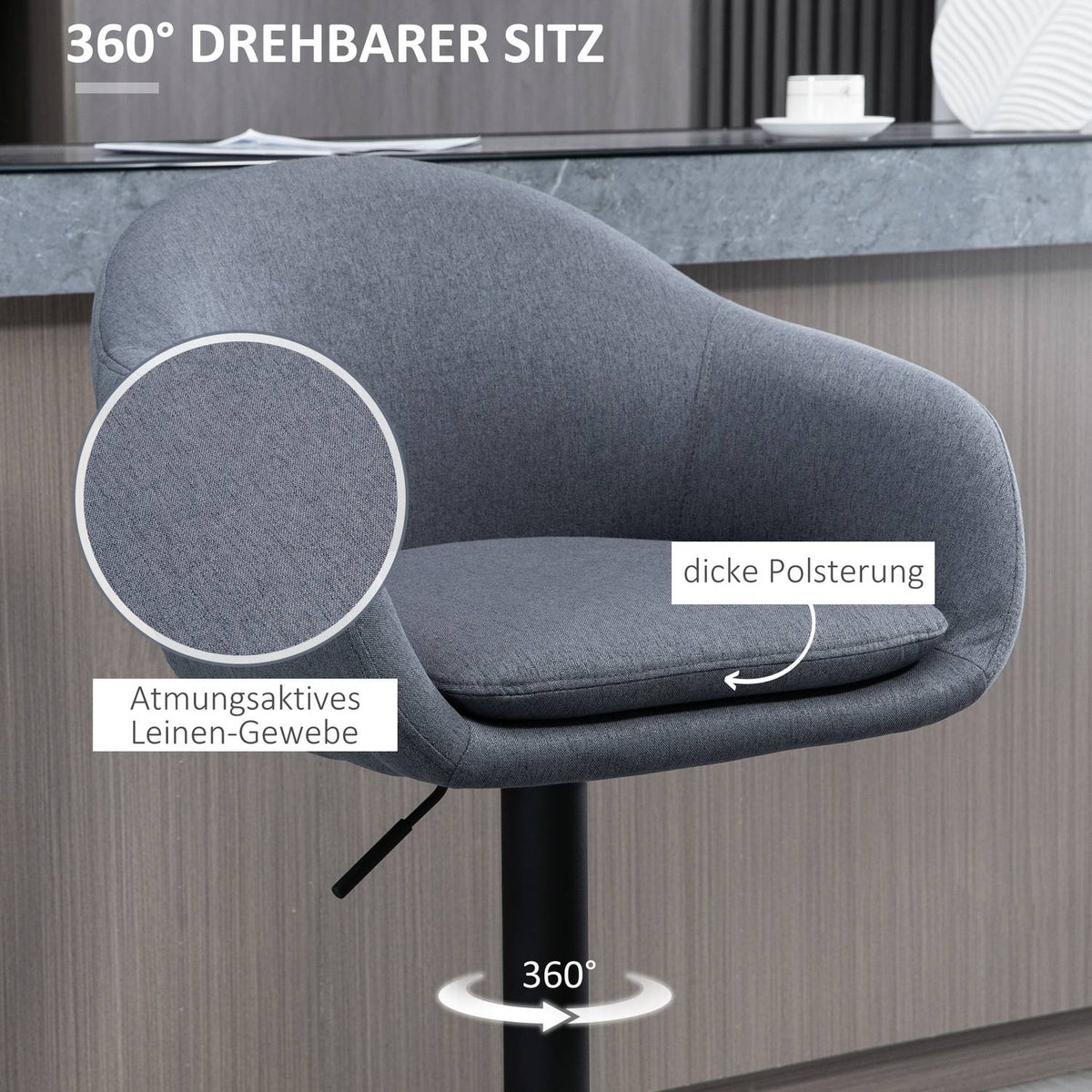 Bar chair height adjustable 110 kg load capacity 54 x 54 x 92-112 cm 360° rotatable with footrest in linen look dark gray