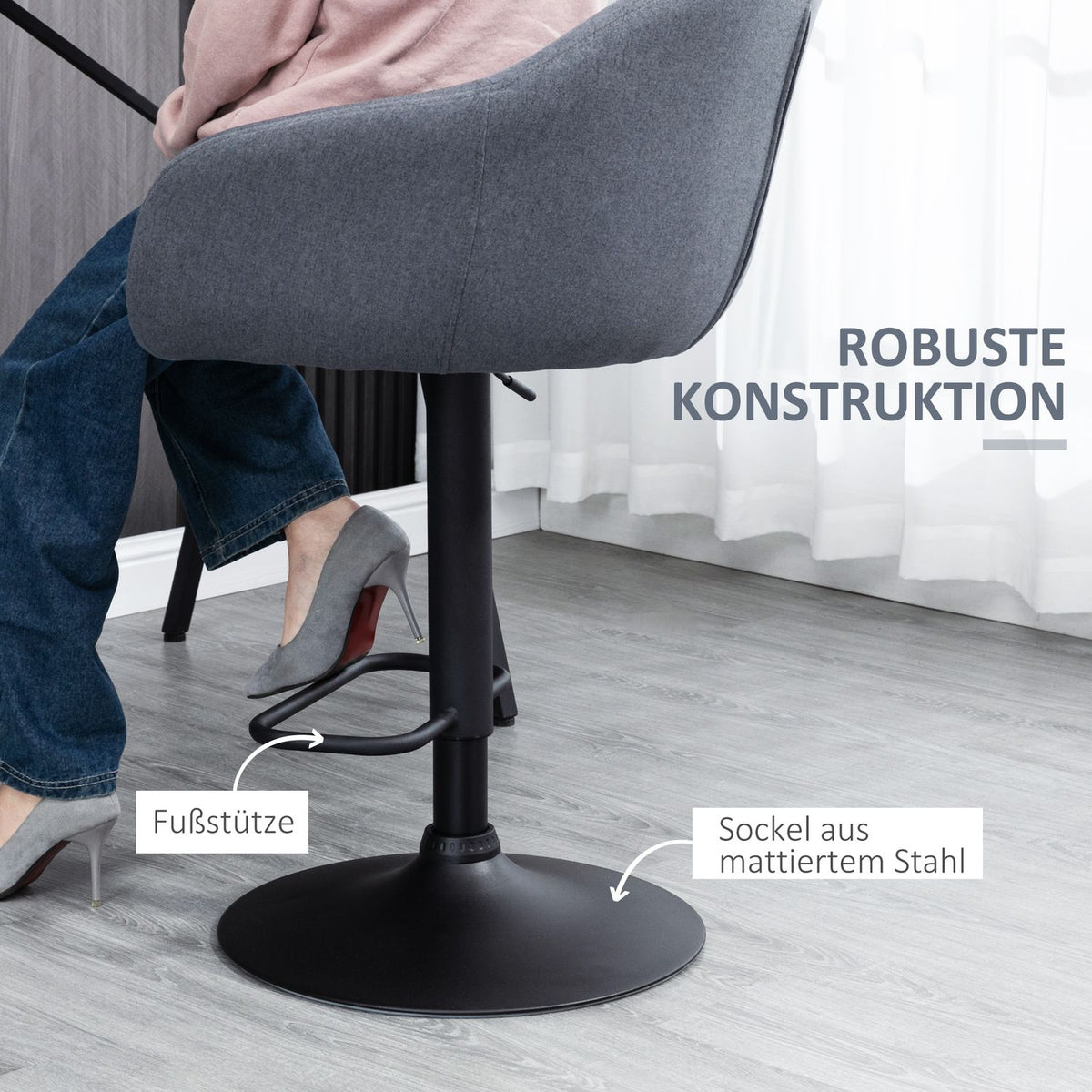 Bar chair height adjustable 110 kg load capacity 54 x 54 x 92-112 cm 360° rotatable with footrest in linen look dark gray
