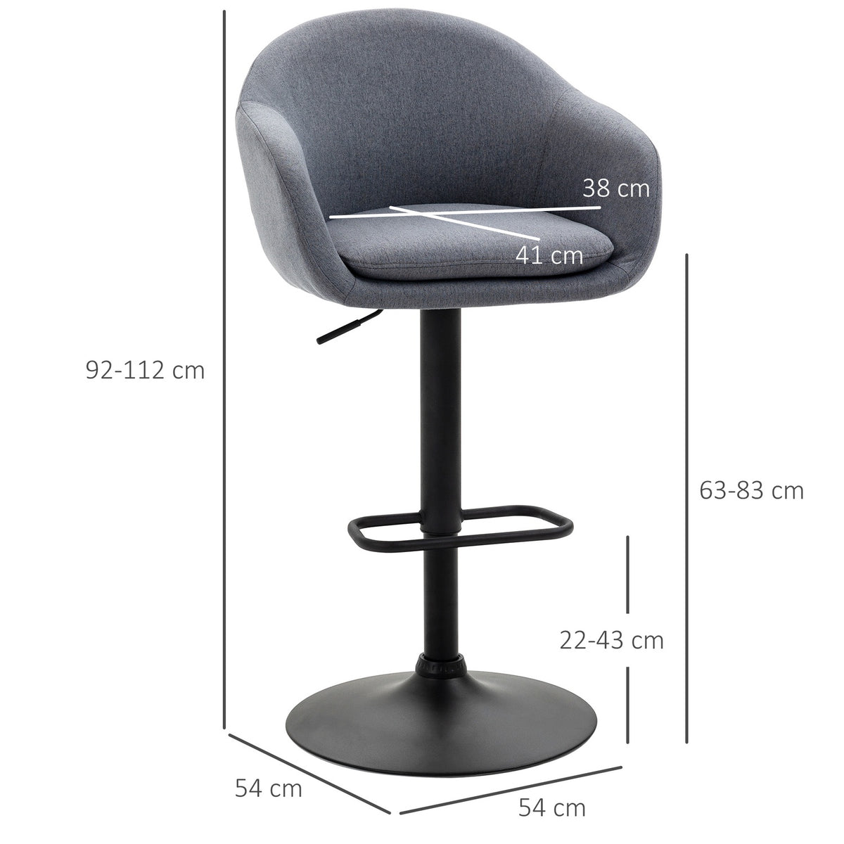 Bar chair height adjustable 110 kg load capacity 54 x 54 x 92-112 cm 360° rotatable with footrest in linen look dark gray
