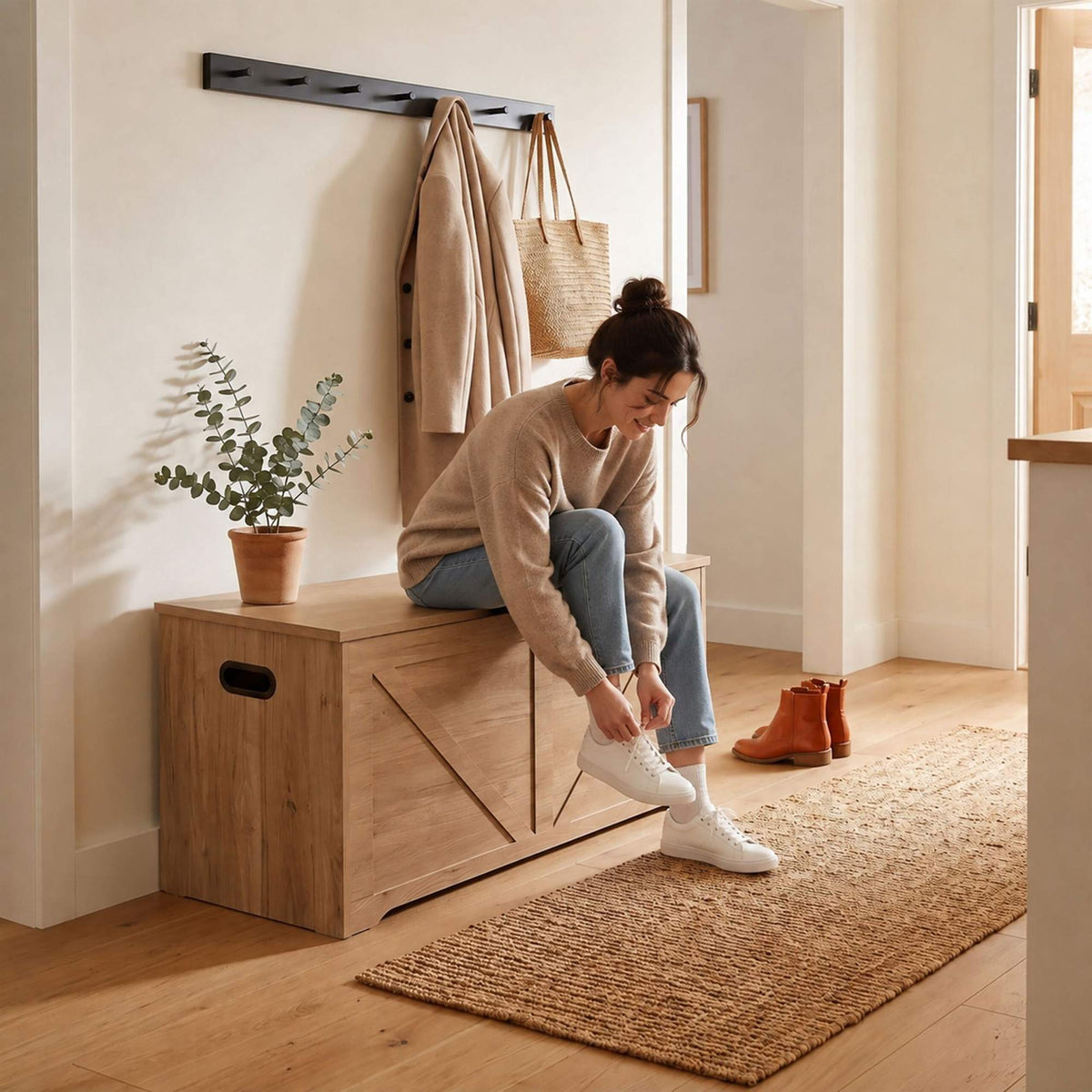 Barn-Style Storage Bench, Light Grey, 100x40 cm, MDF