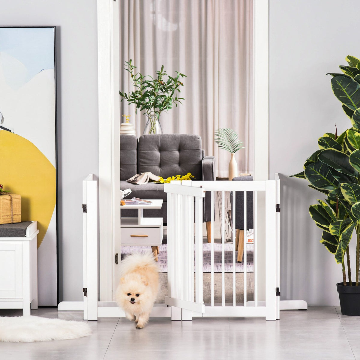 Barrier For Dogs Freestanding Wooden Dog Gate With Door, Foldable, 75Cm