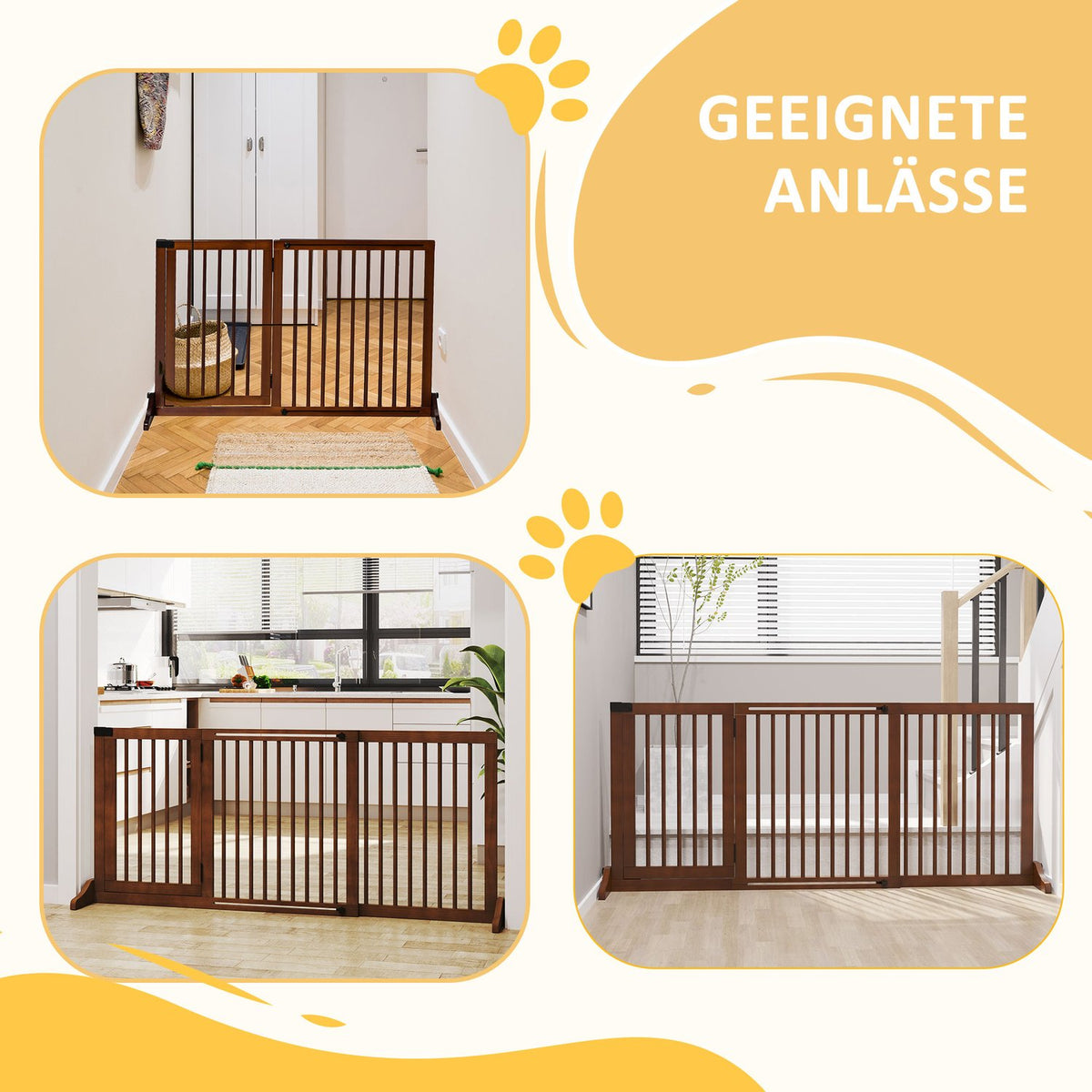 Barrier Freestanding Dog Door Gate With Door, Protective Gate Made Of Wood, Brown, 113-166X36X71Cm
