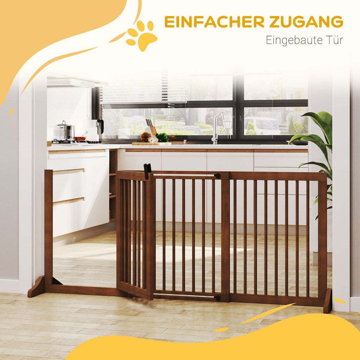 Barrier Freestanding Dog Door Gate With Door, Protective Gate Made Of Wood, Brown, 113-166X36X71Cm